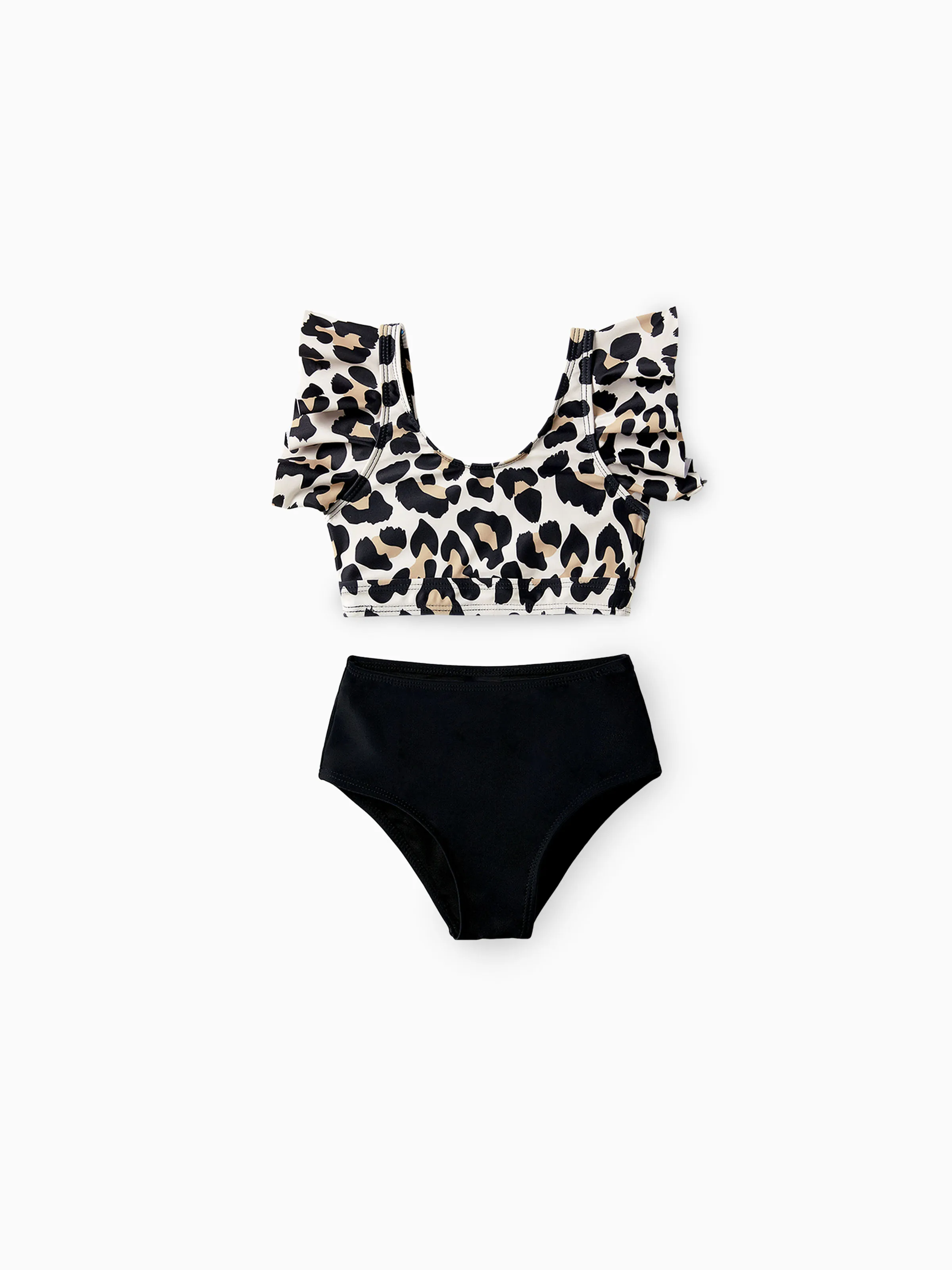 

Family Matching Leopard Pattern Drawstring Swim Trunks or Ruffle Neck Two-Piece Bikini with Optional Cover Up Sarong Skirt