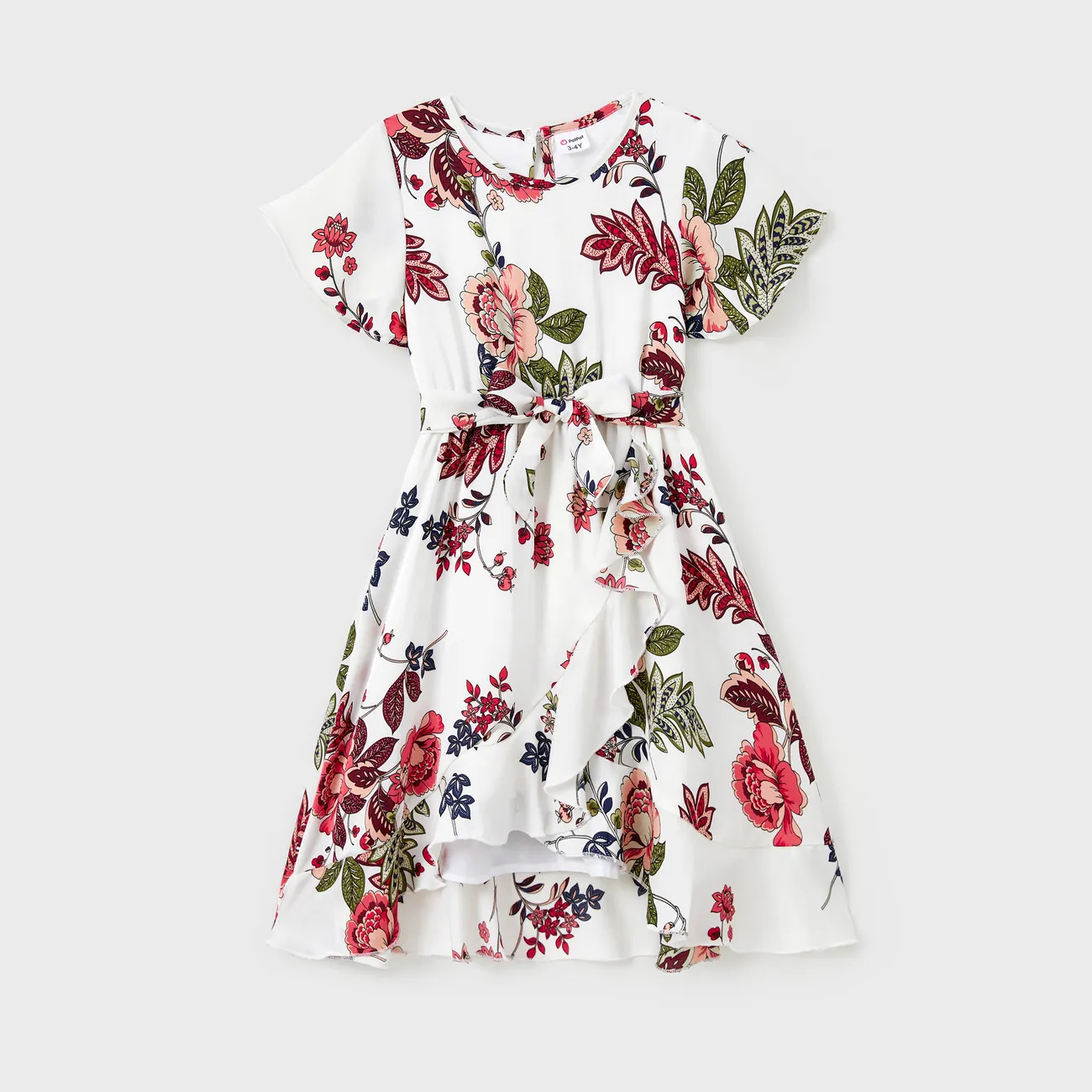Mommy and Me Ruffle Trim Belted Floral High-Low Wrap Bottom Dress