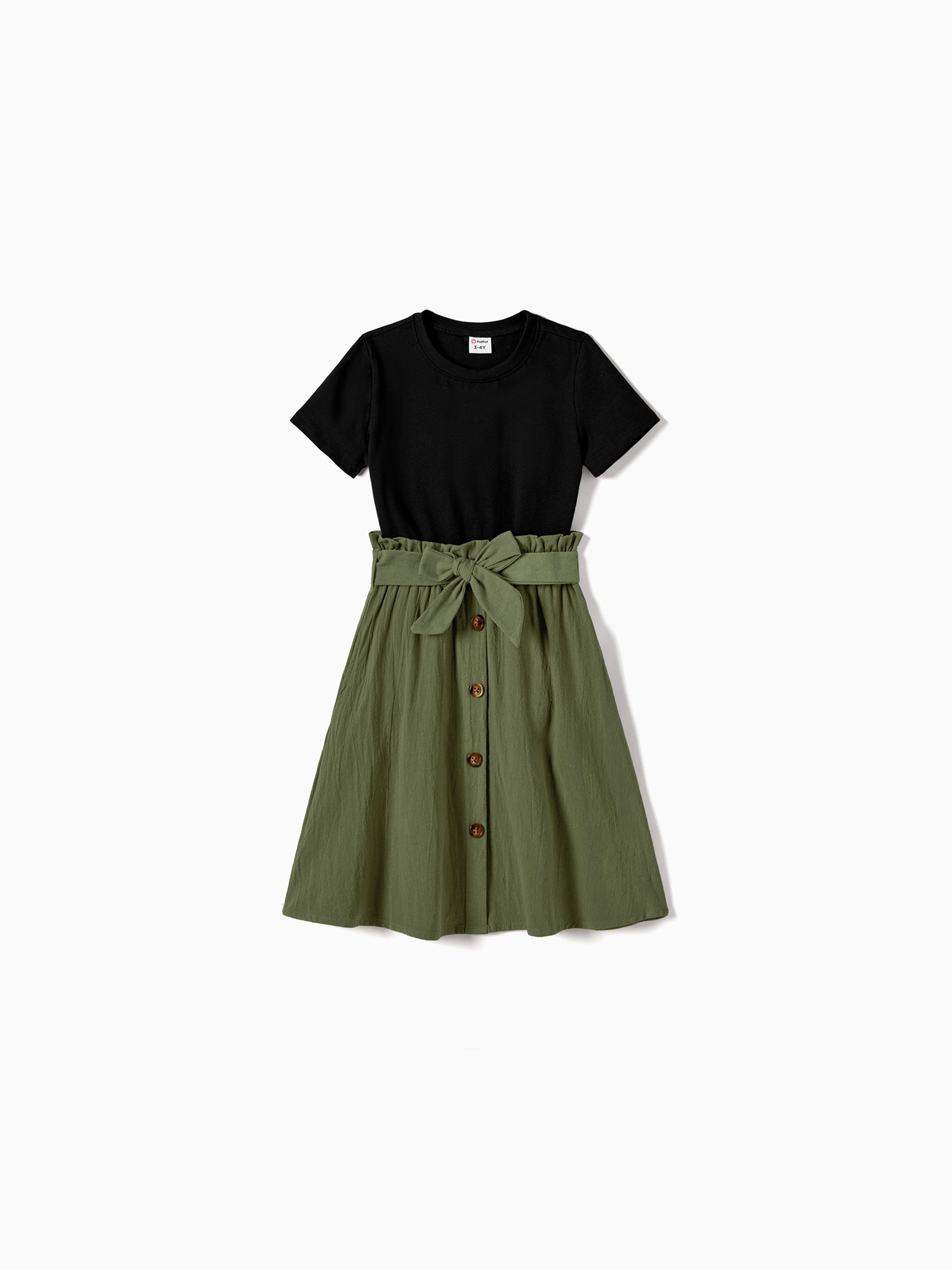 

Family Matching Two Tone Short-sleeve Belted Combo Dresses and Color Block T-shirts Sets
