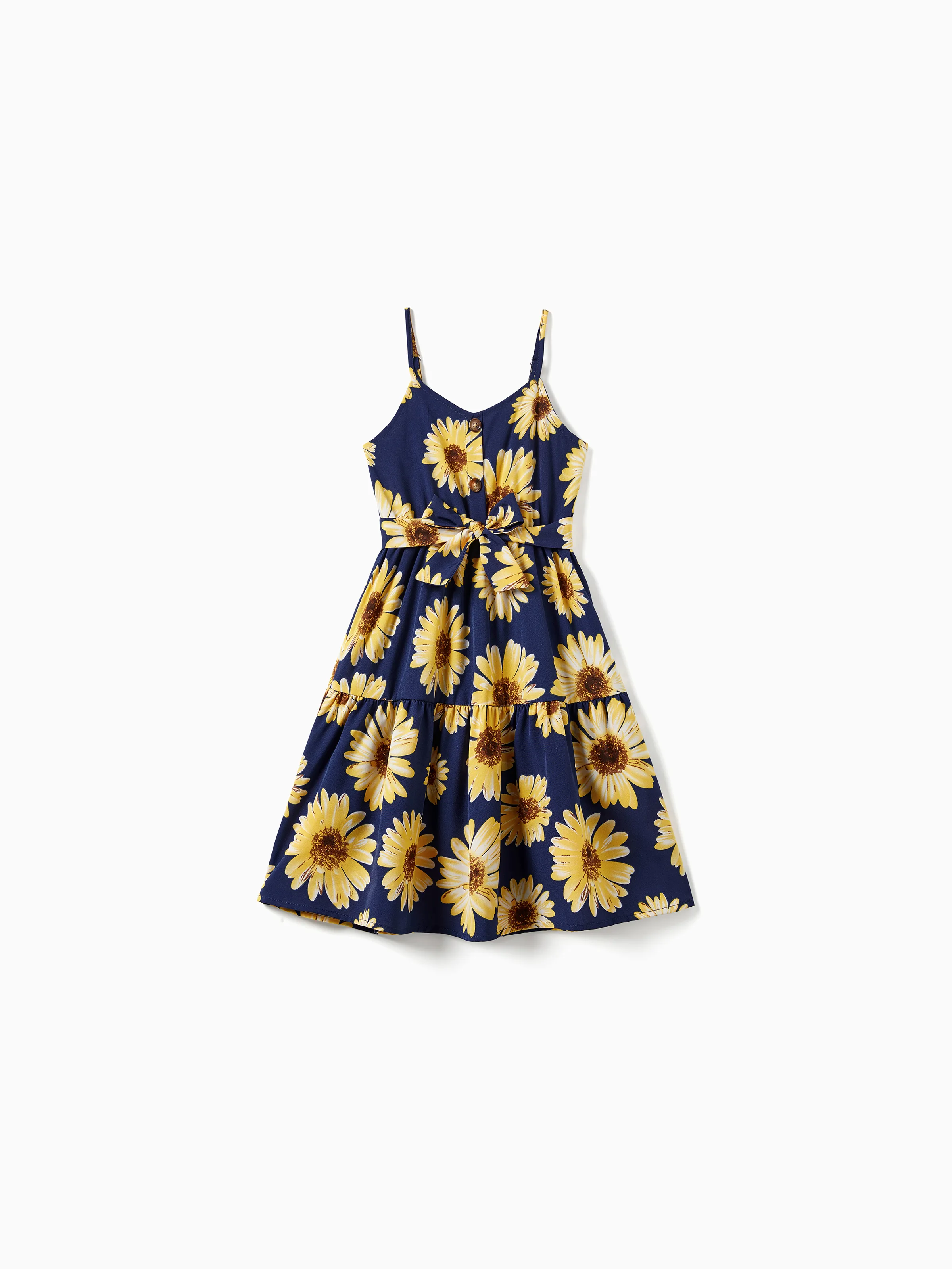 

Family Matching Solid Color Tee and Sunflower Pattern Button Belted Flowy Strap Dress Sets