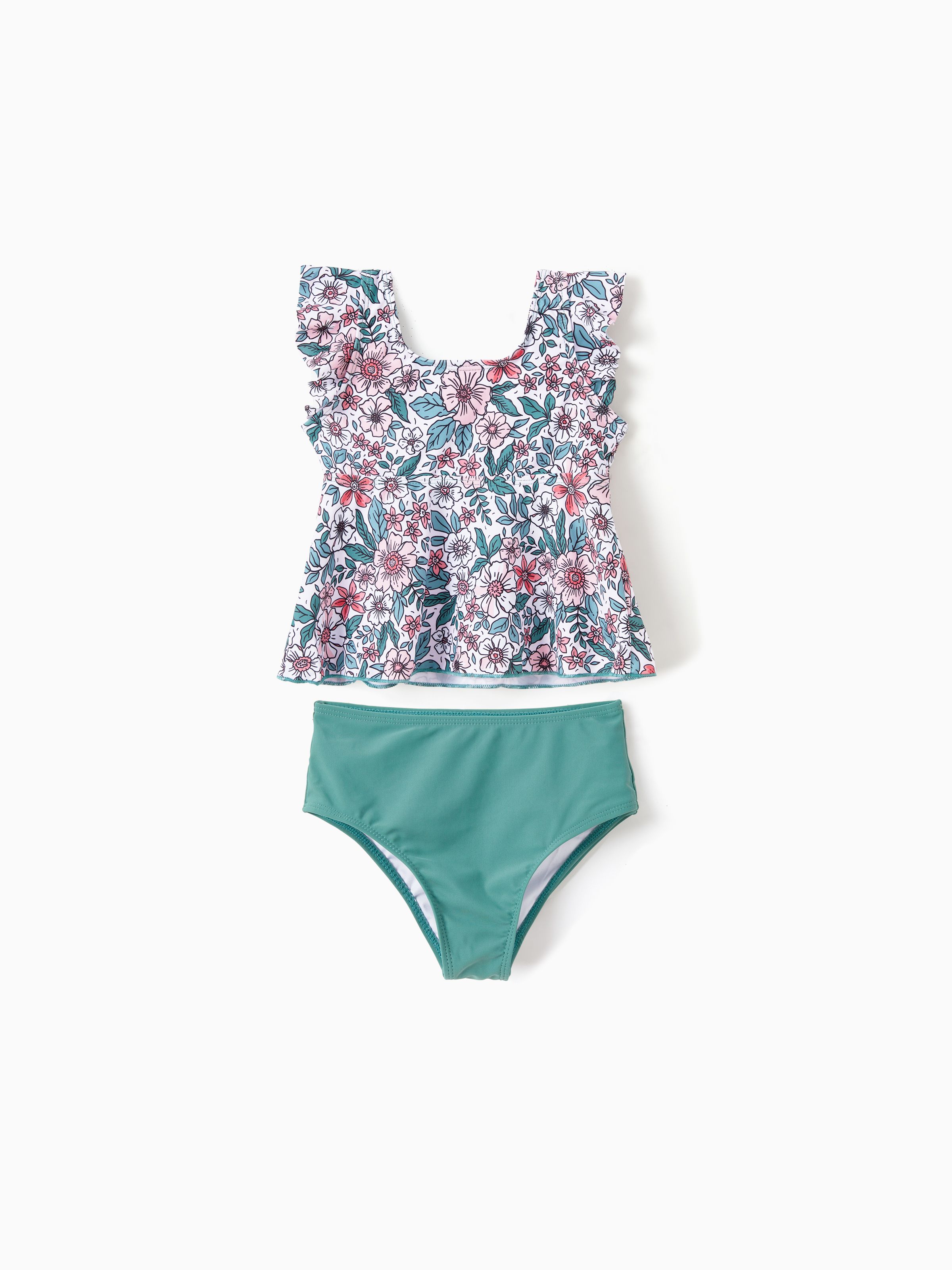 

Family Matching Swimsuits Color Block Drawstring Swim Trunks or Floral Top High Waist Bottom Tankini
