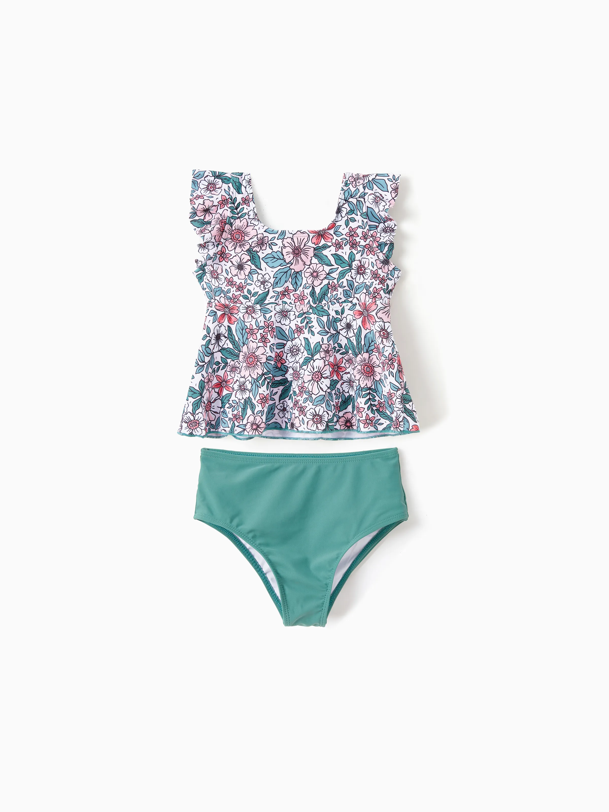 

Family Matching Swimsuits Color Block Drawstring Swim Trunks or Floral Top High Waist Bottom Tankini