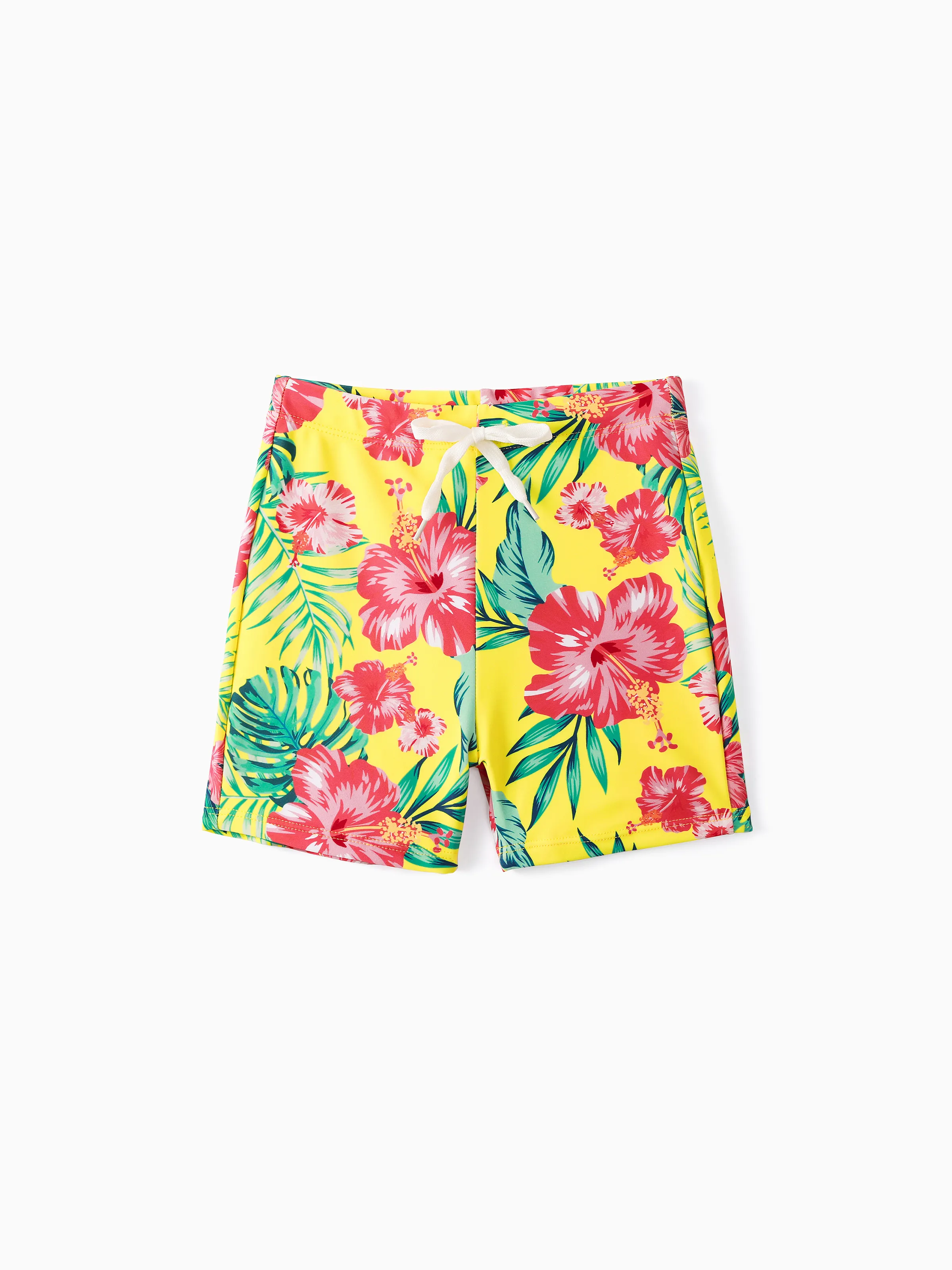 

Family Matching Yellow Tropical Drawstring Swim Trunks or Flowy Two-Piece Swimsuit