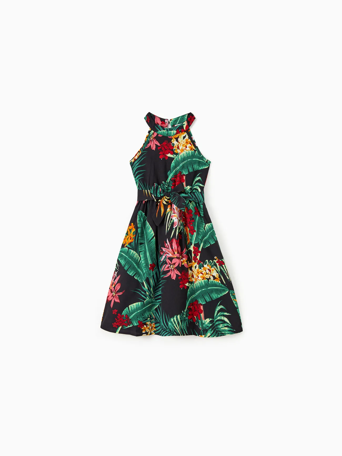 Family Matching Allover Plant Floral Print Halterneck Dresses and Short-sleeve Shirts Sets