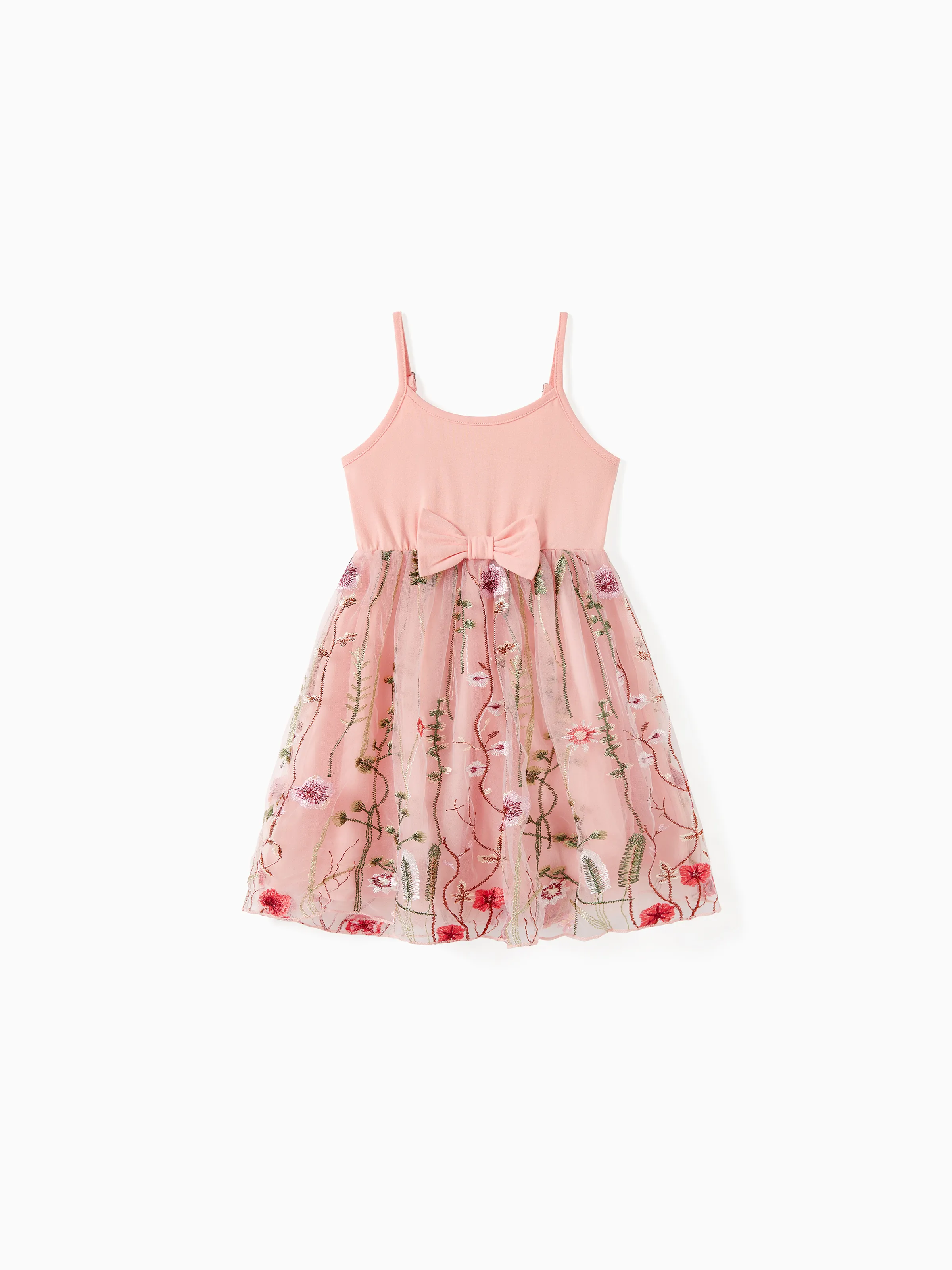 

Family Matching Solid Color/ Raglan Sleeves Tee and Pink Cami Embroidered Tulle Strap Dress Sets