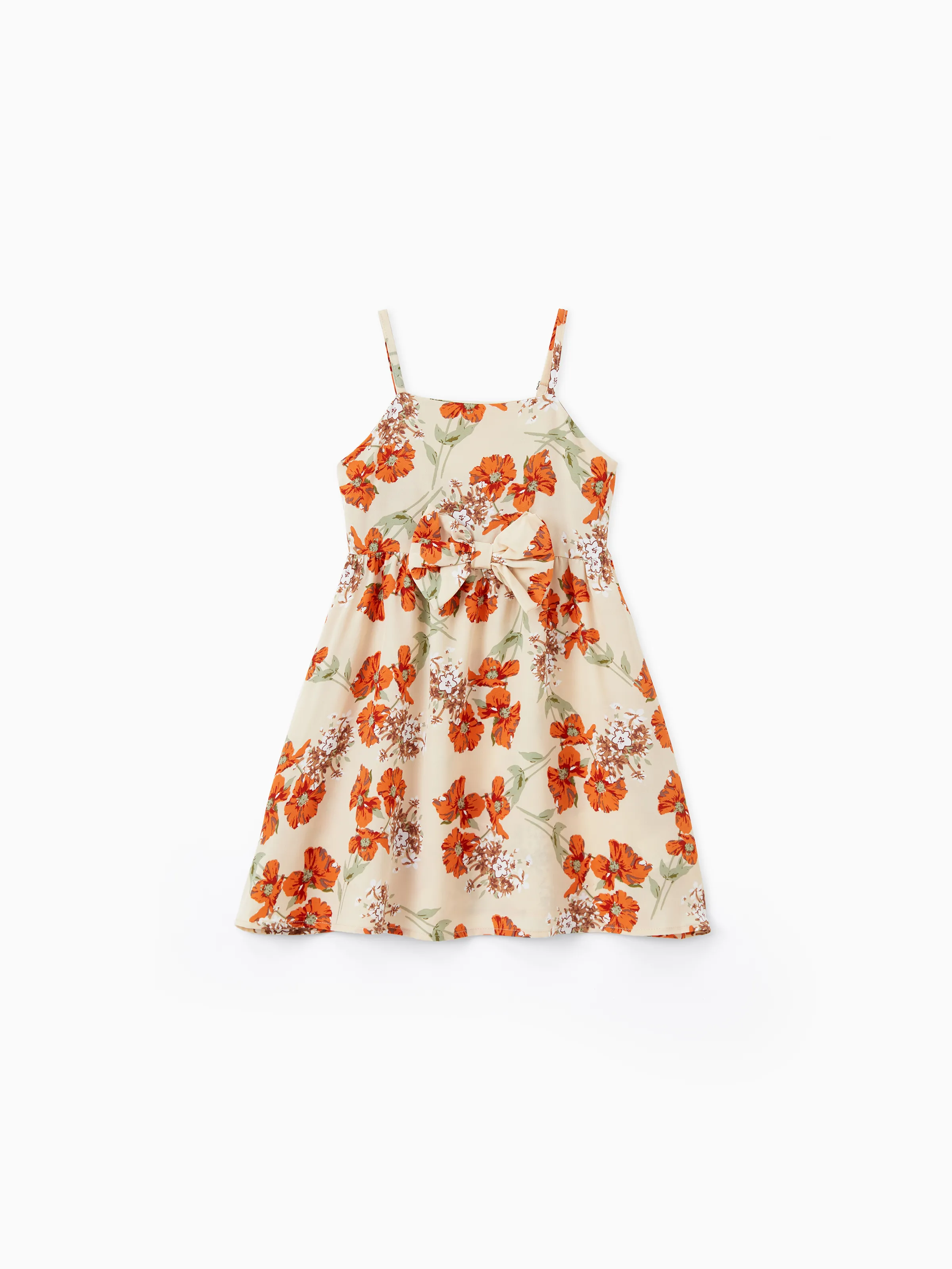 

Mommy and Me Apricot Floral Tie Waist Shirred Back Strap Dresses