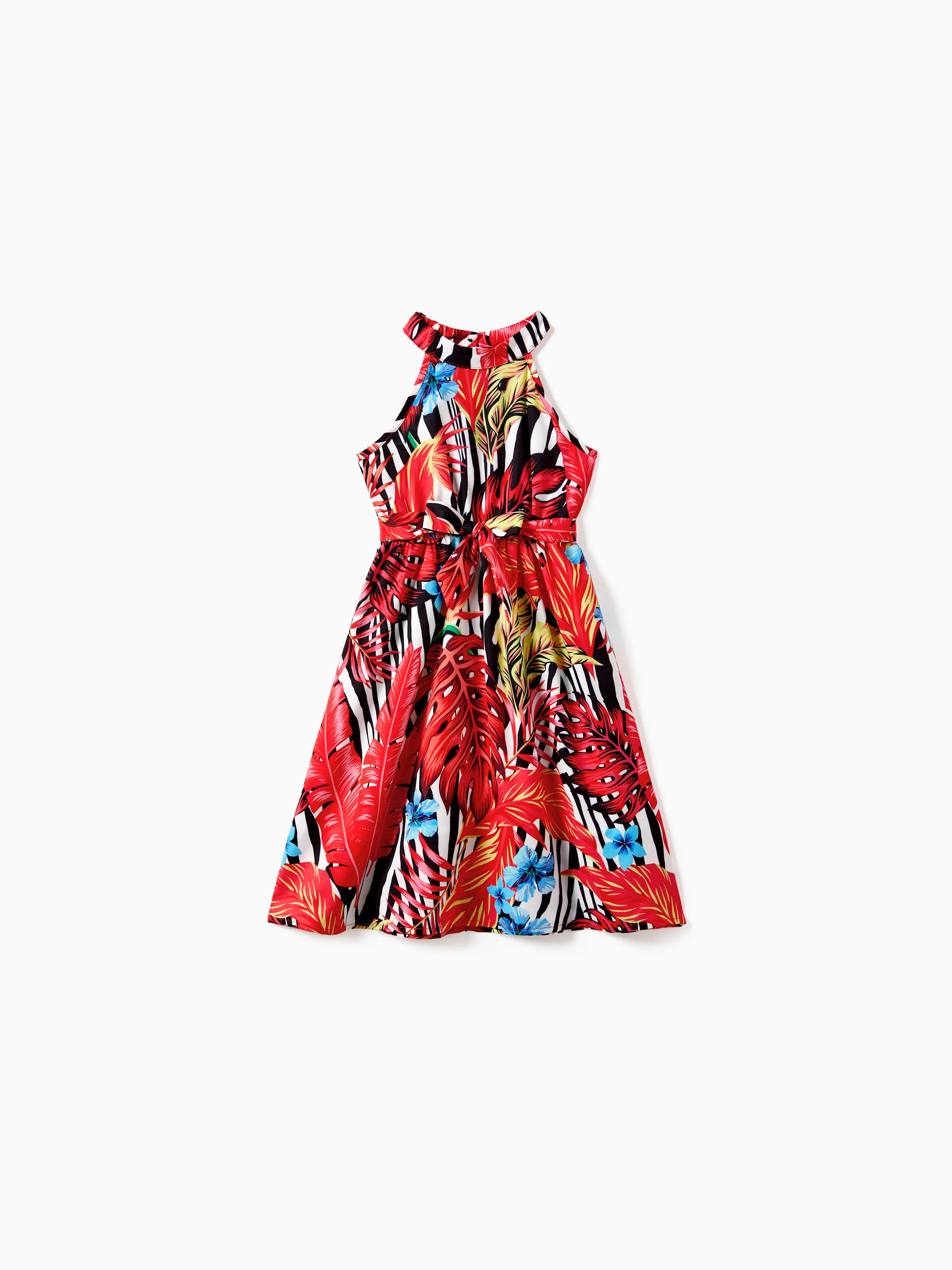 

Family Matching Red Leaf Print Zebra Stripe Beach Shirt and High Neck Halter Belted Dress Sets