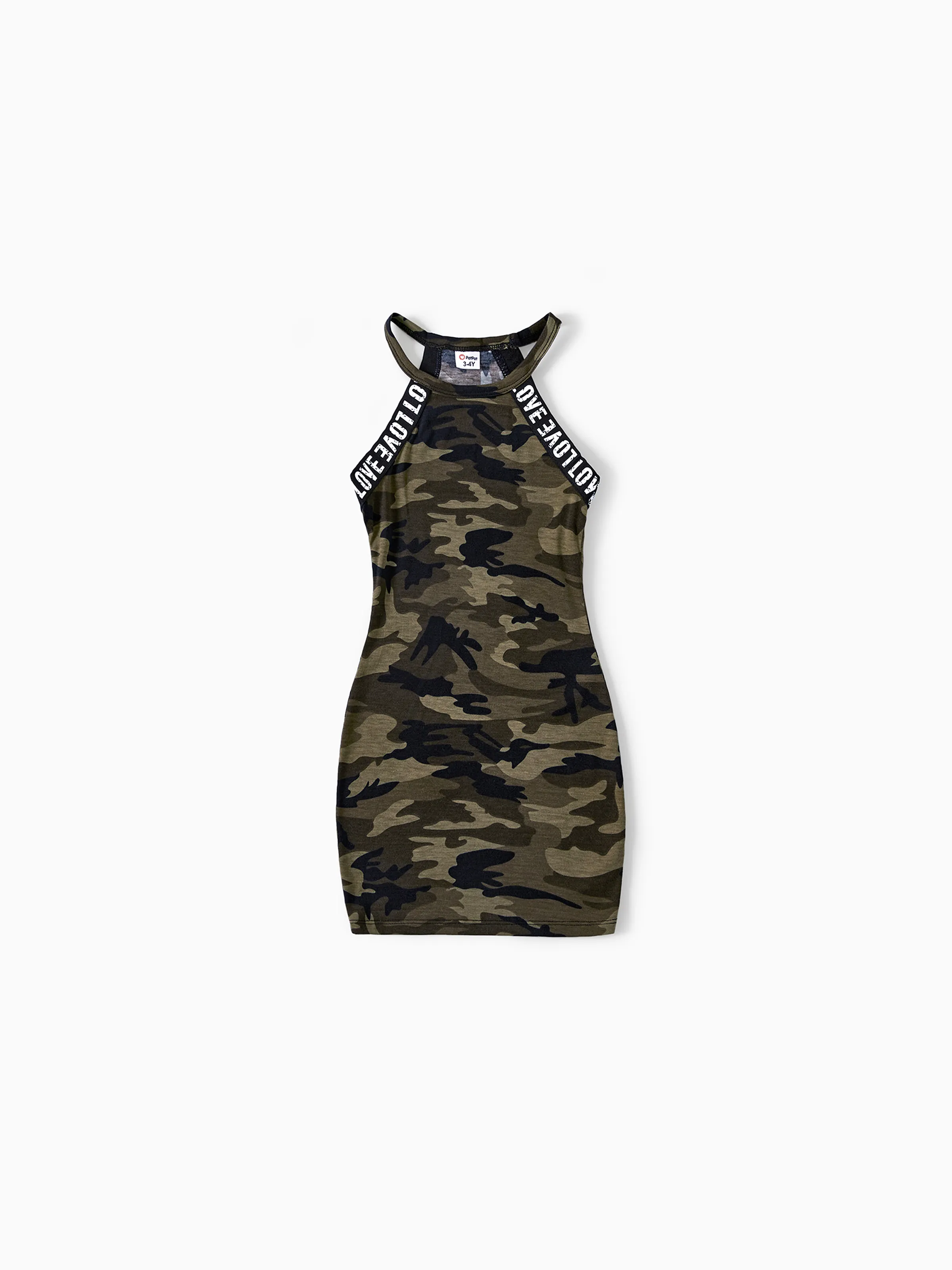 

Family Matching Letter Design Camouflage Halter Neck Sleeveless Bodycon Dresses and Cotton Short-sleeve Spliced T-shirts Sets