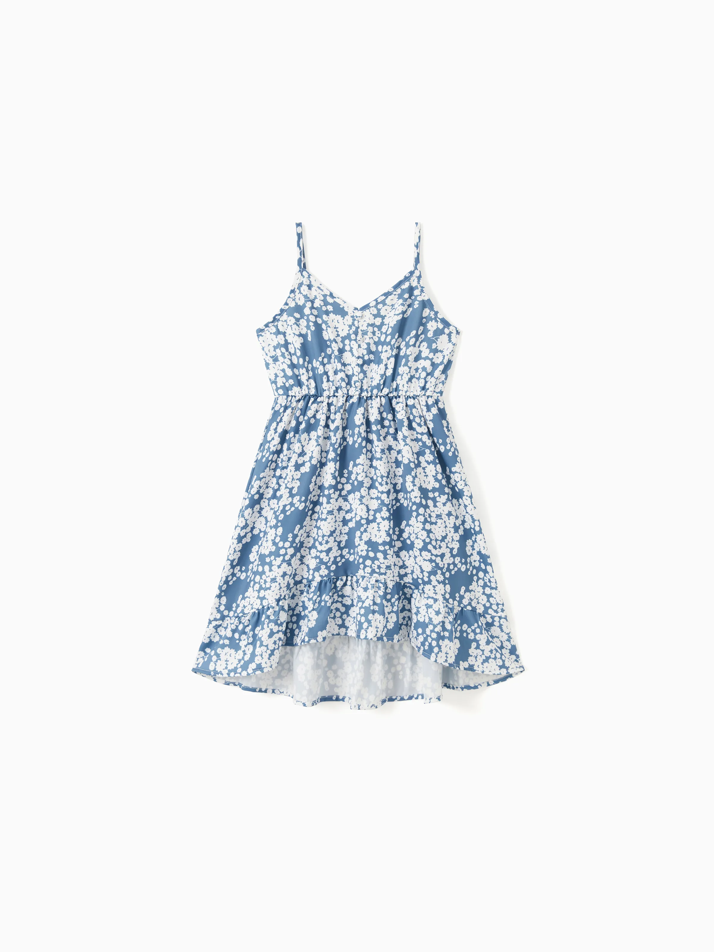 

Family Matching Sets Blue Color Block Shirt or Button Up Ruffle Hem Floral Strap Dress