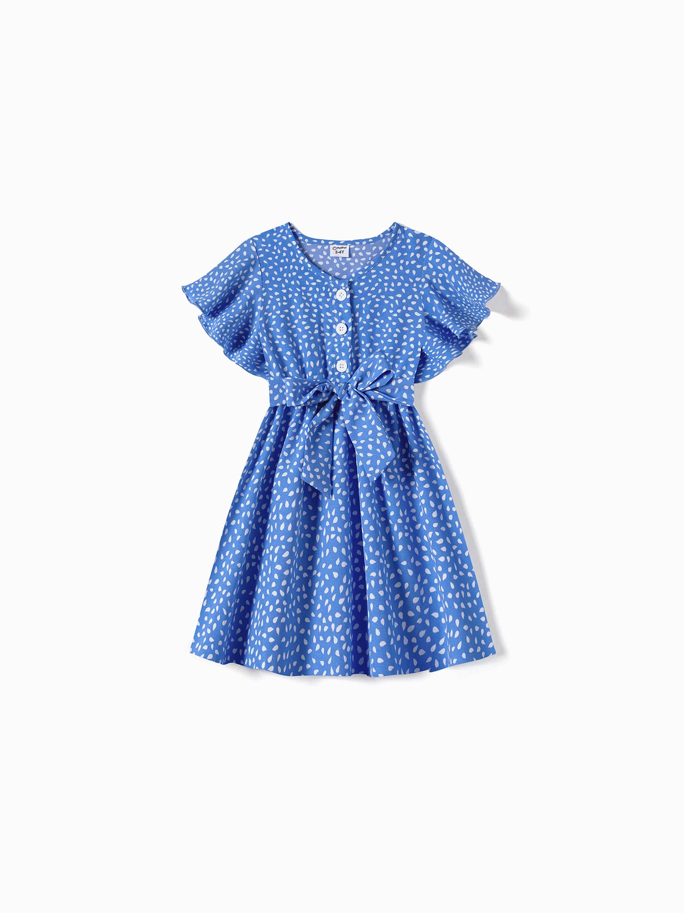 

Family Matching Dots Pattern Belted Ruffle-sleeve Dresses and Colorblock T-shirts Sets