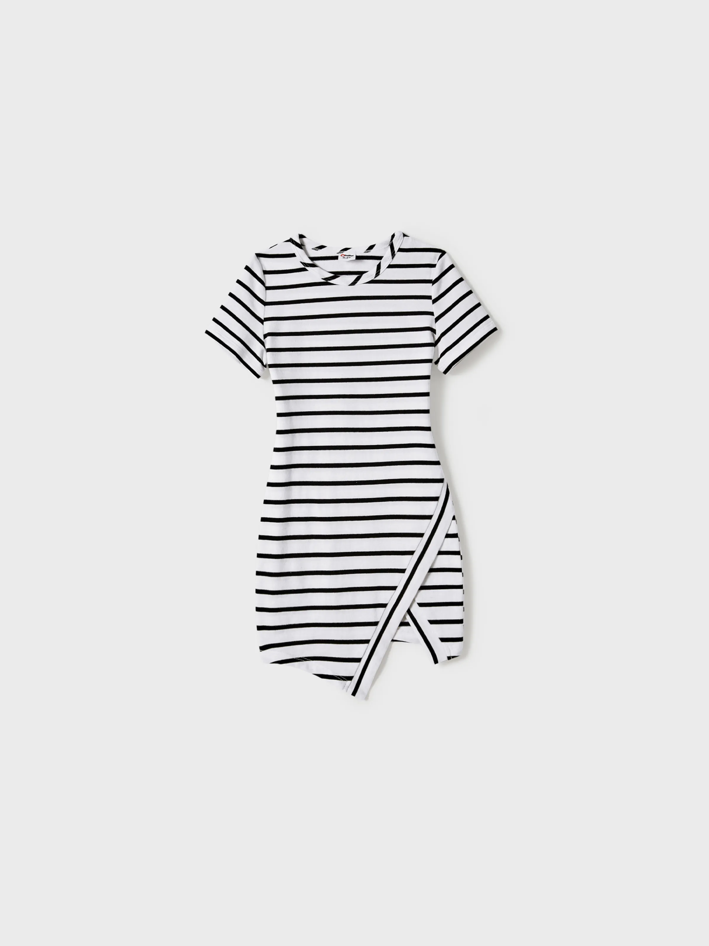 

Family Matching 95% Cotton Stripe Asymmetrical Hem Short-sleeve Dresses and Stripe Panel T-shirts Sets