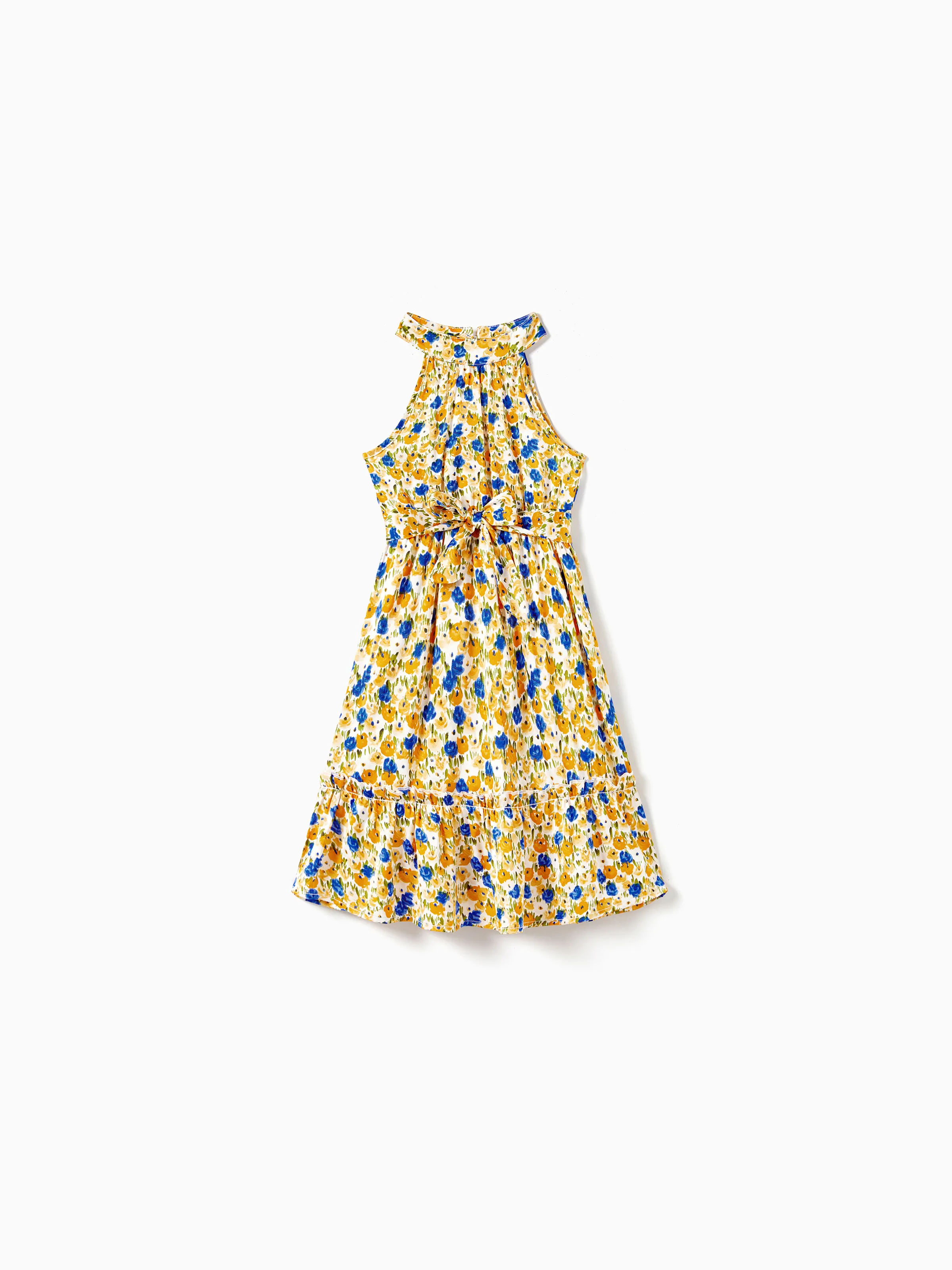 

Family Matching Color Block Sunny Tee and Yellow Ditsy Floral High Neck Halter Sateen Dress Sets