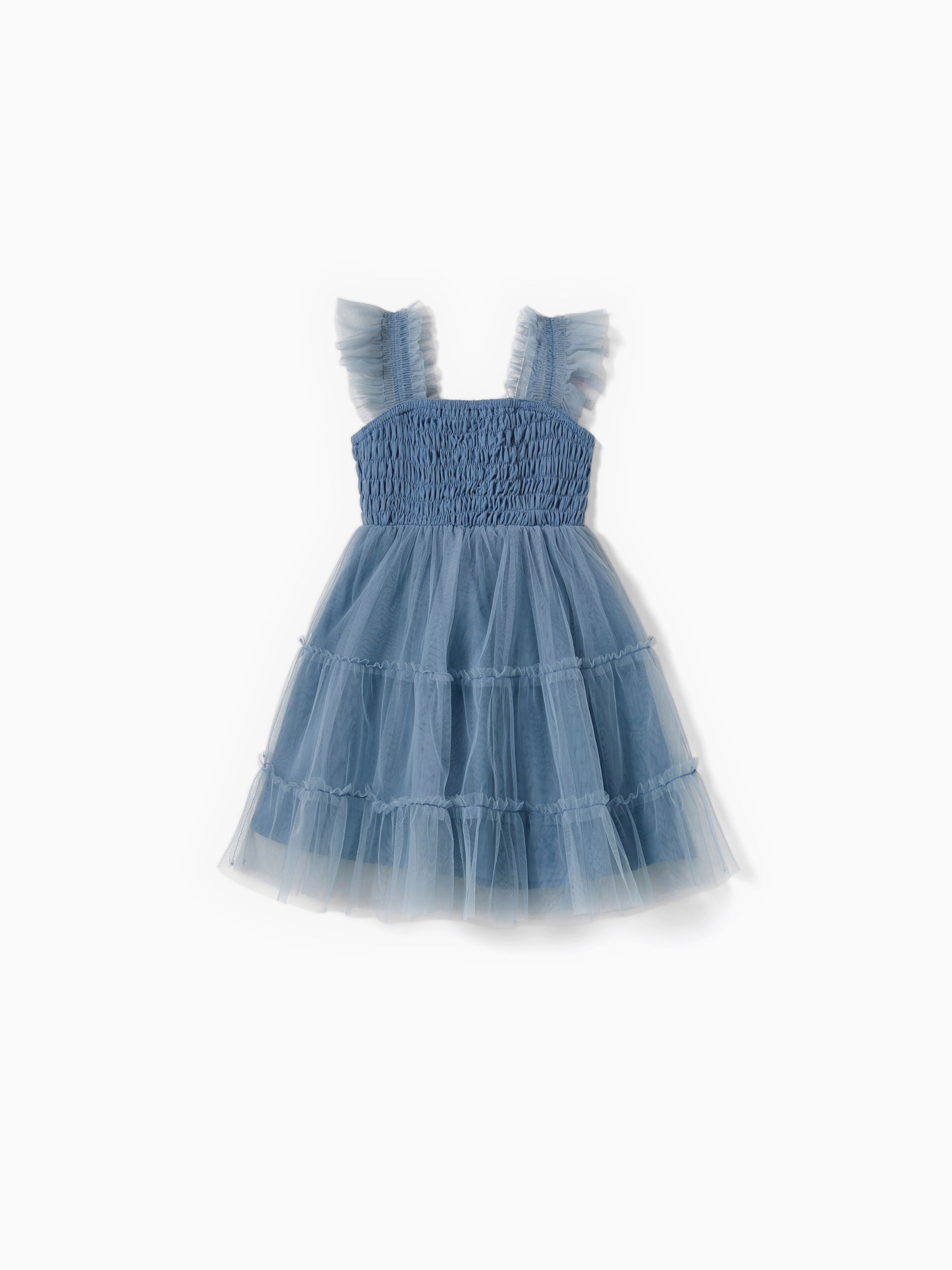 

Family Matching Button Tee and Shirred Spliced Tiered Mesh A-Line Dress Sets