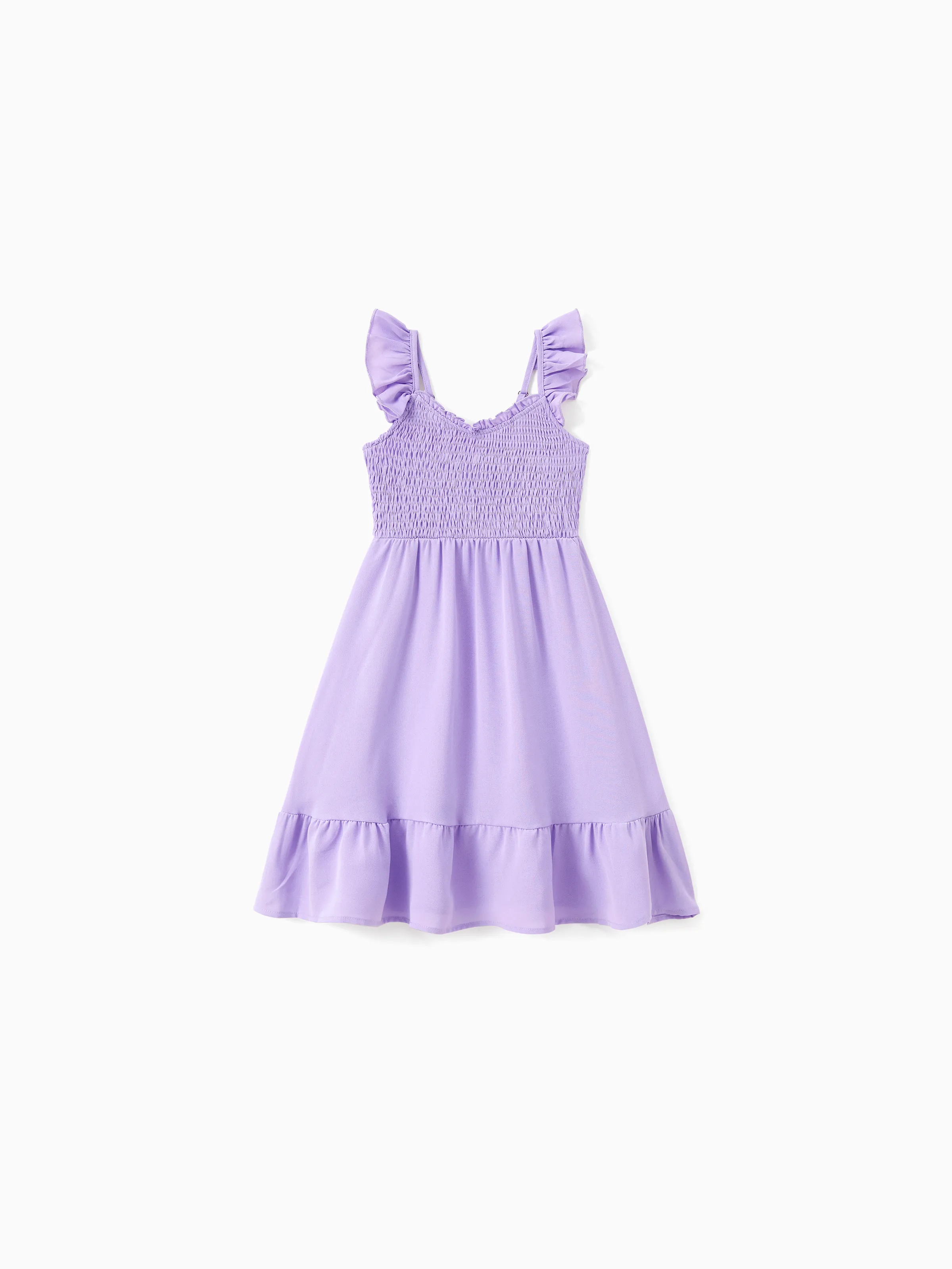 

Family Matching Sets Purple Raglan Sleeves Tee or Shirred Top Ruffle Hem Strap Dress