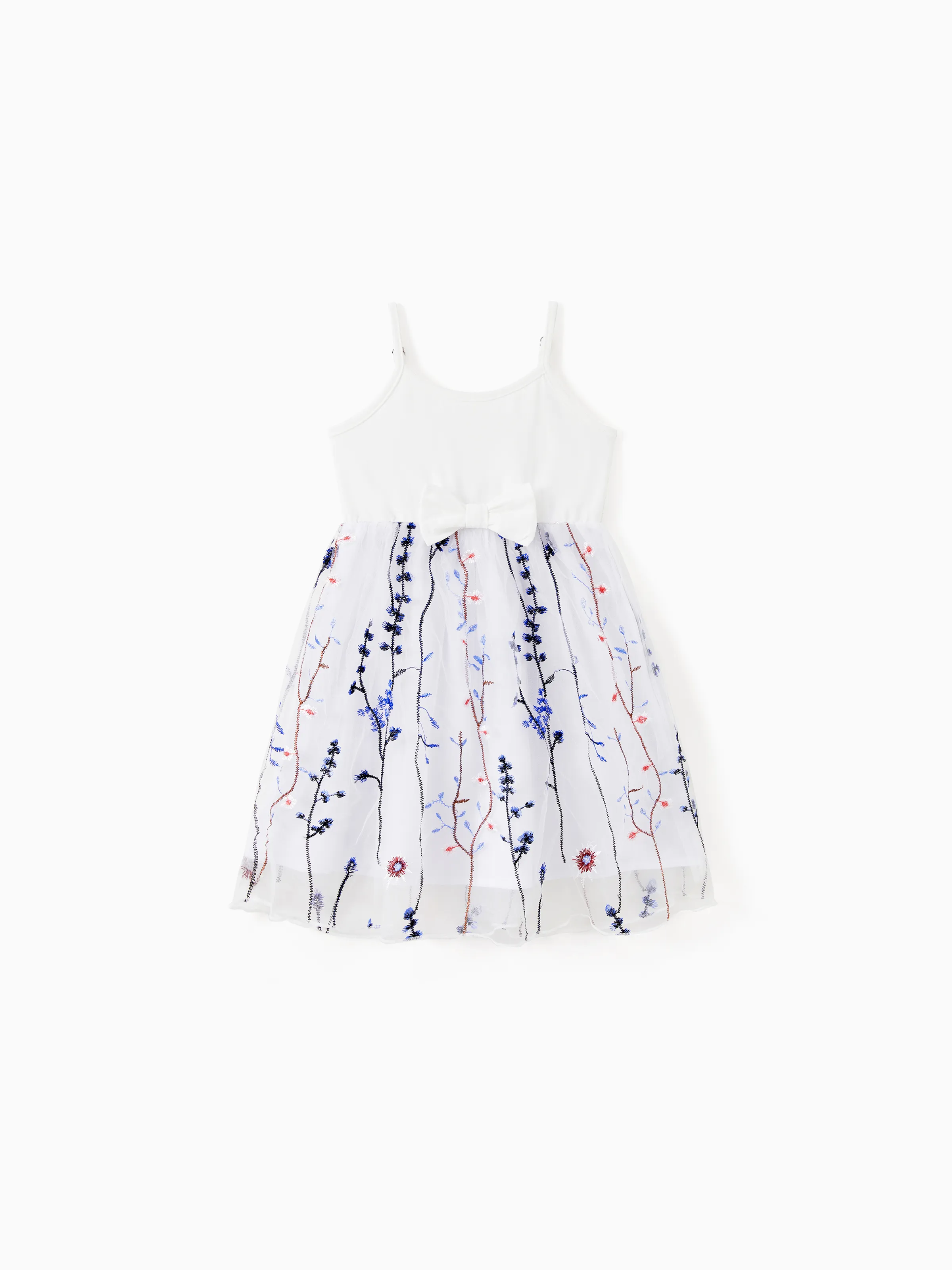 

Family Matching Solid Color/Raglan Sleeves Cotton Tee or White Cami Top Spliced Embroidered Tulle Dress