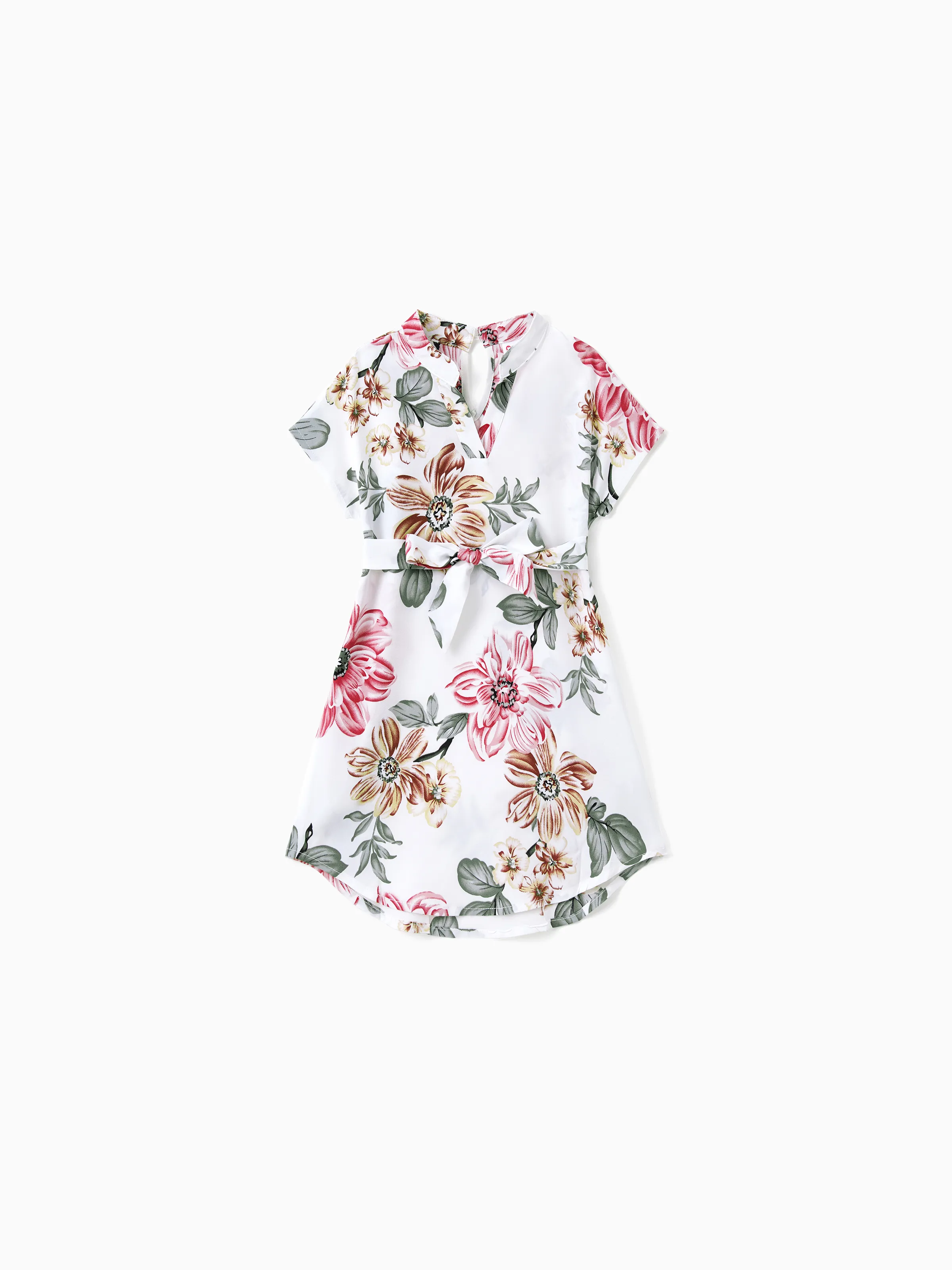 

Family Matching Floral Dress with Belted Design - Casual Asymmetrical Hemline