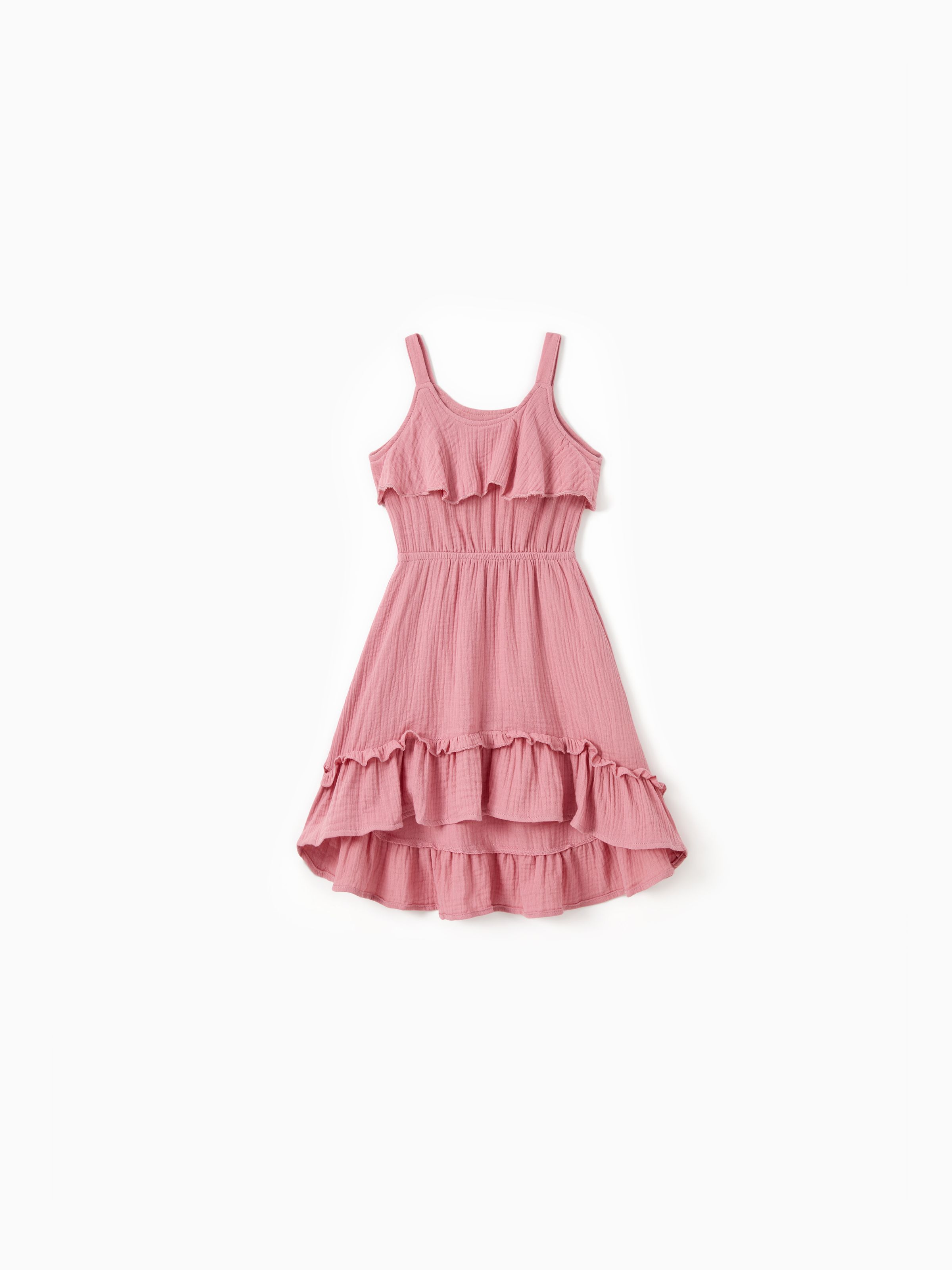 

Mommy and Me Matching Pink Button Up Belted Ruffle Trim High-Low Dresses