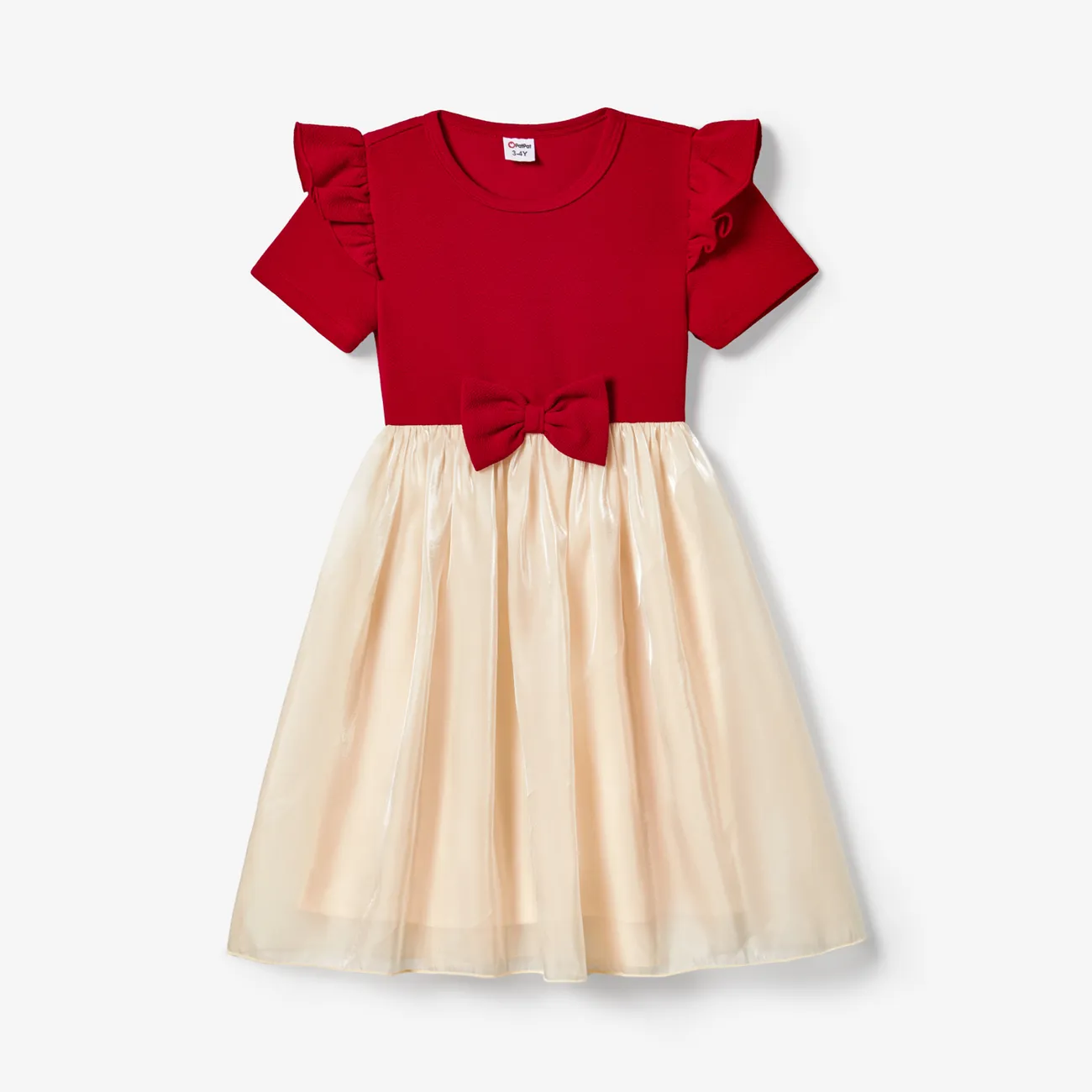 Family Matching Solid Color Short-sleeve Laper-collar Tops and Mermaid/Mesh Dresses Sets