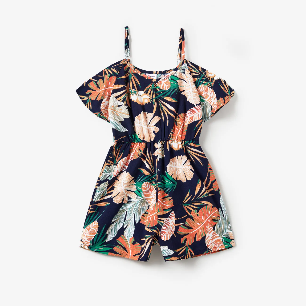 Mommy and Me Floral Leaf Pattern Off-Shoulder Strap Romper