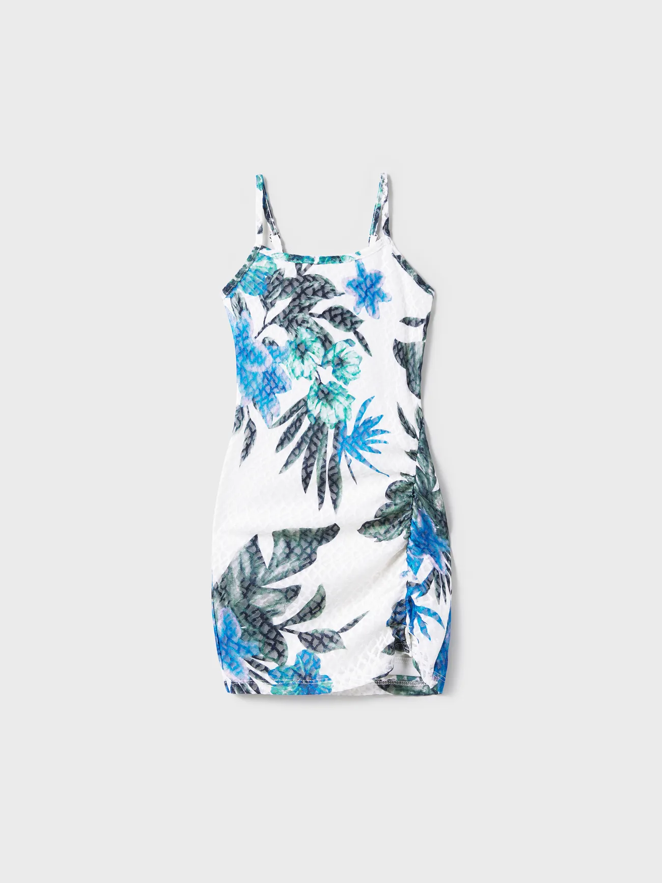 Girl - Mommy and Me Matching White Dresses Floral Print -Mesh Strap Dress (Drawstring Bodycon) - White - image 6