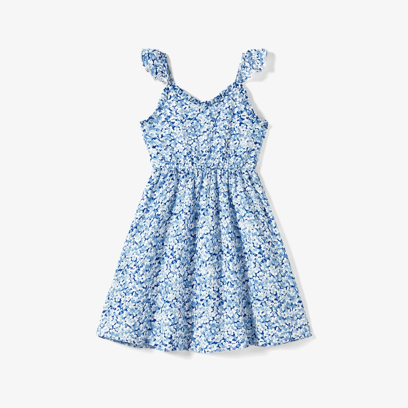 Family Matching Ditsy Floral Split Neck Ruched Bust Strap Dress and Navy Blue Tee Sets