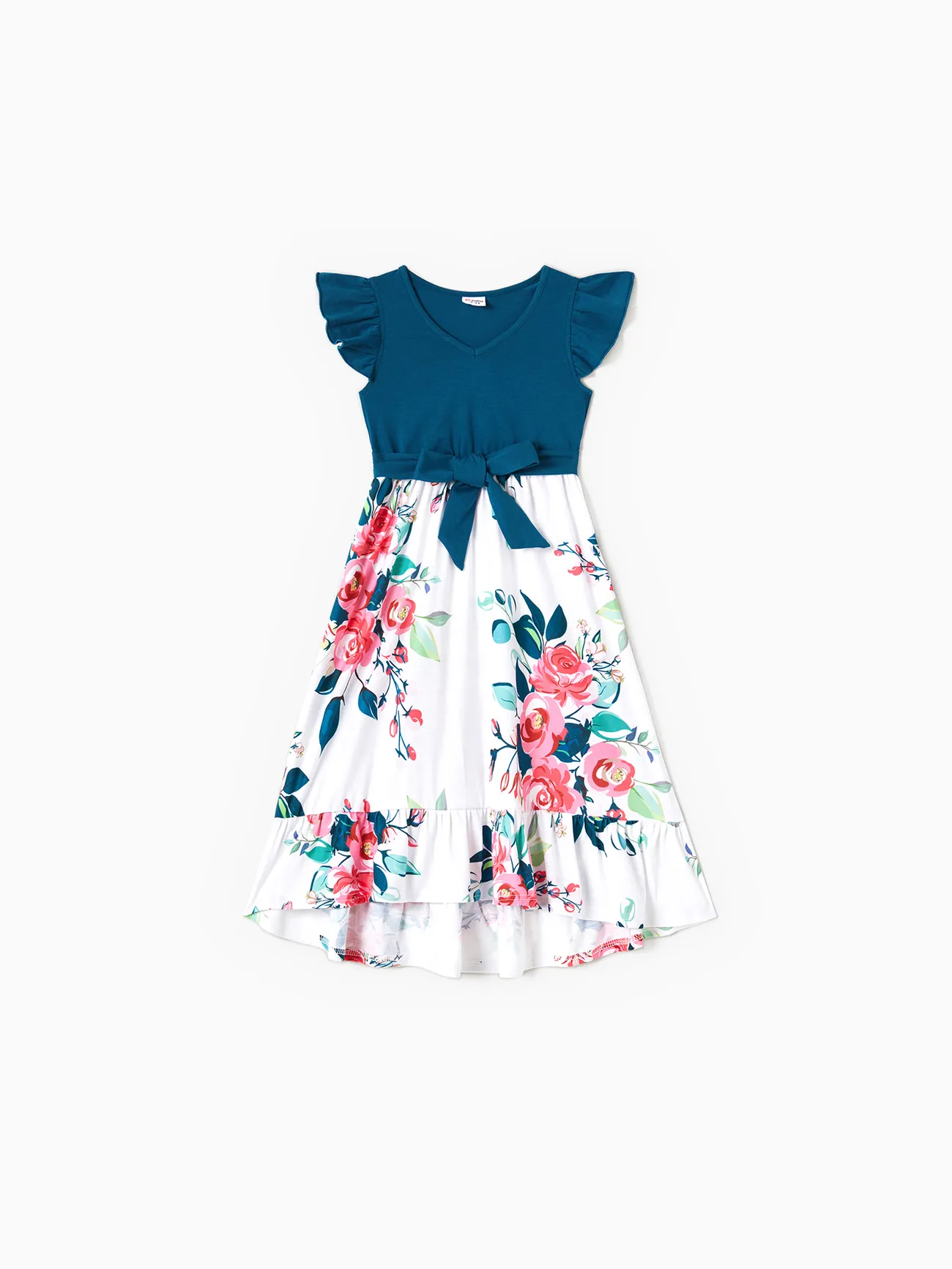 Family Matching Solid V Neck Flutter-sleeve Splicing Floral Print Dresses and Short-sleeve Colorblock T-shirts Sets