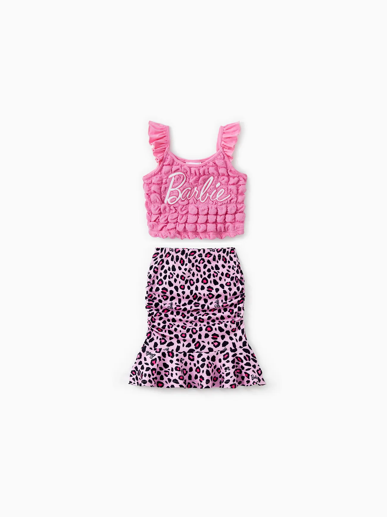 Camiseta sin mangas de tela texturizada bordada con el logotipo de Barbie Mommy and Me y conjunto de falda con estampado de leopardo