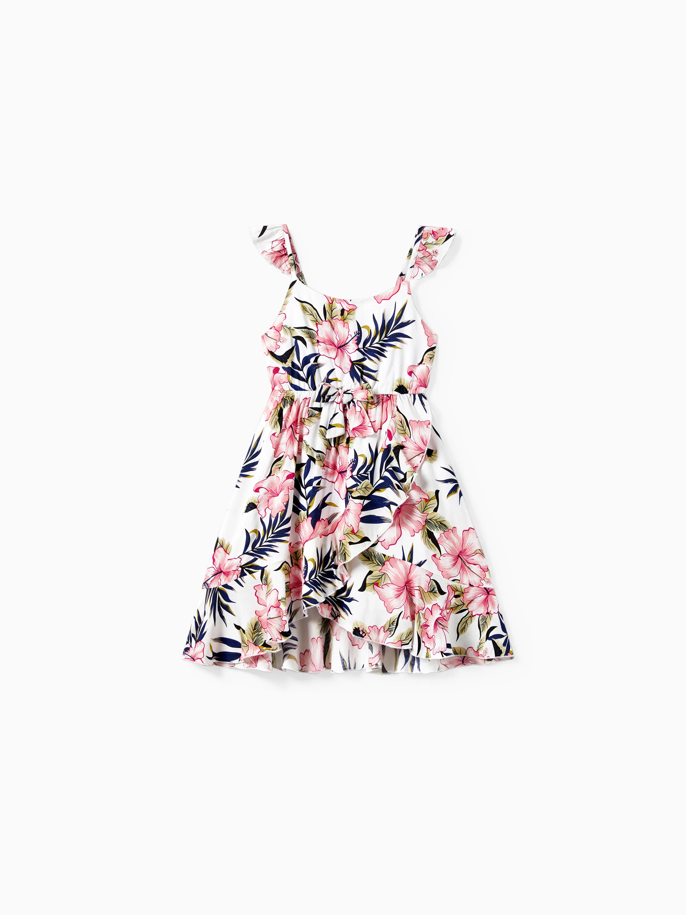 

Family Matching Floral Wrap Bottom Strap Dress and Colorblock T-shirt Sets