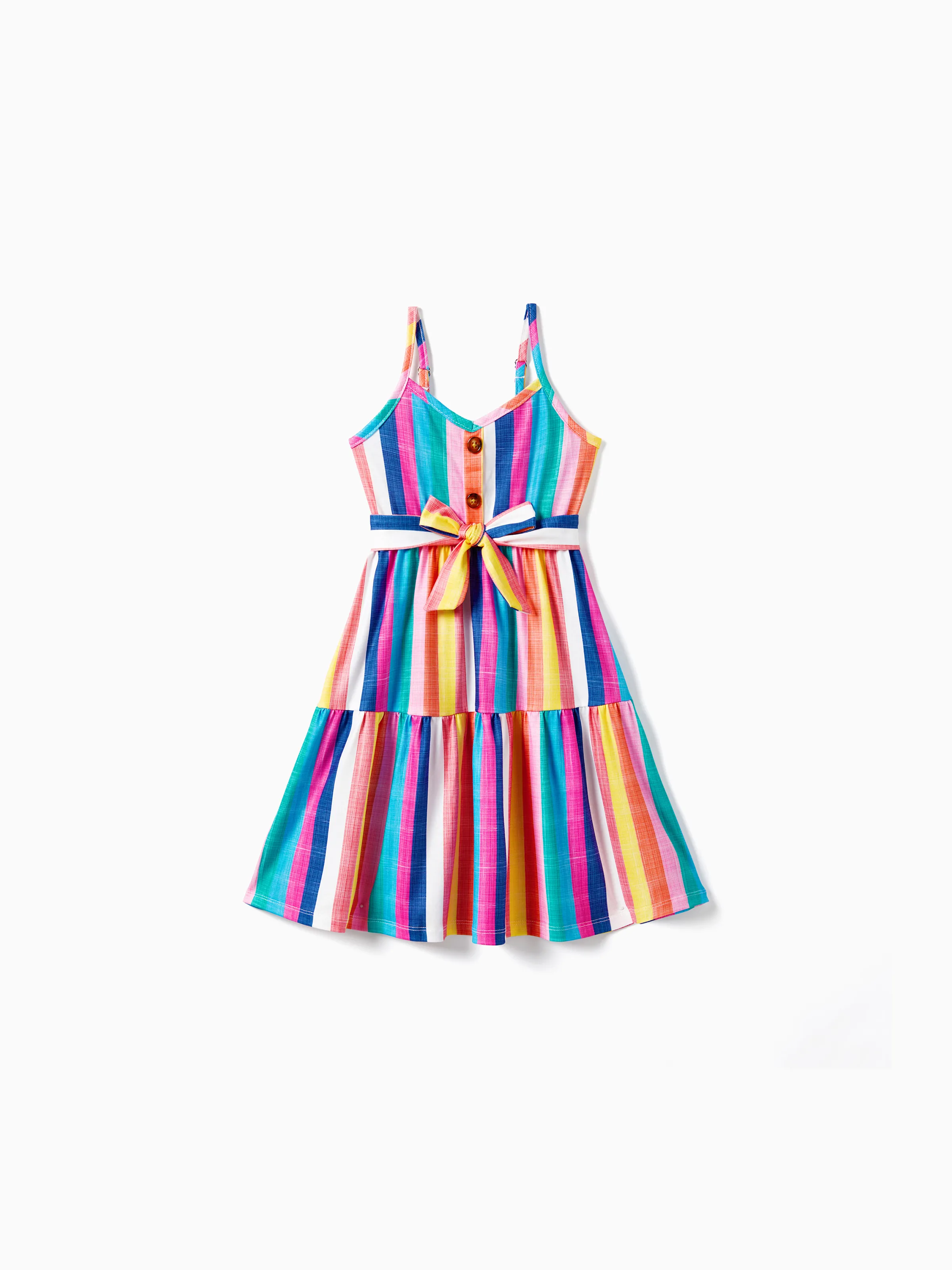 

Family Matching Multi-Color Stripe T-shirt and Ruffle Hem Button Strap Dress Sets