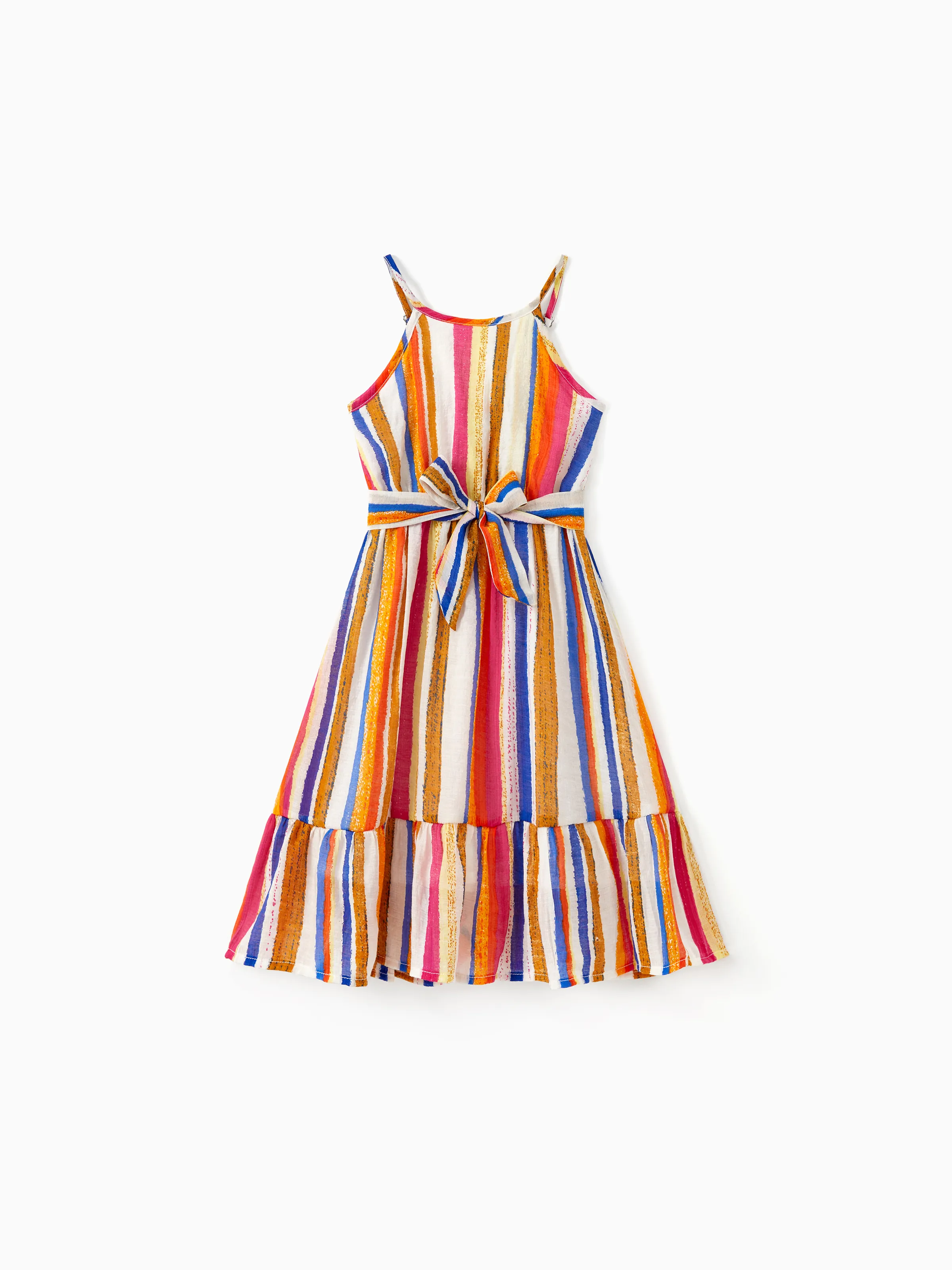 

Family Matching Sets Colorful Vertical Stripe Tee or Ruffle Hemline Belted Halter Dress