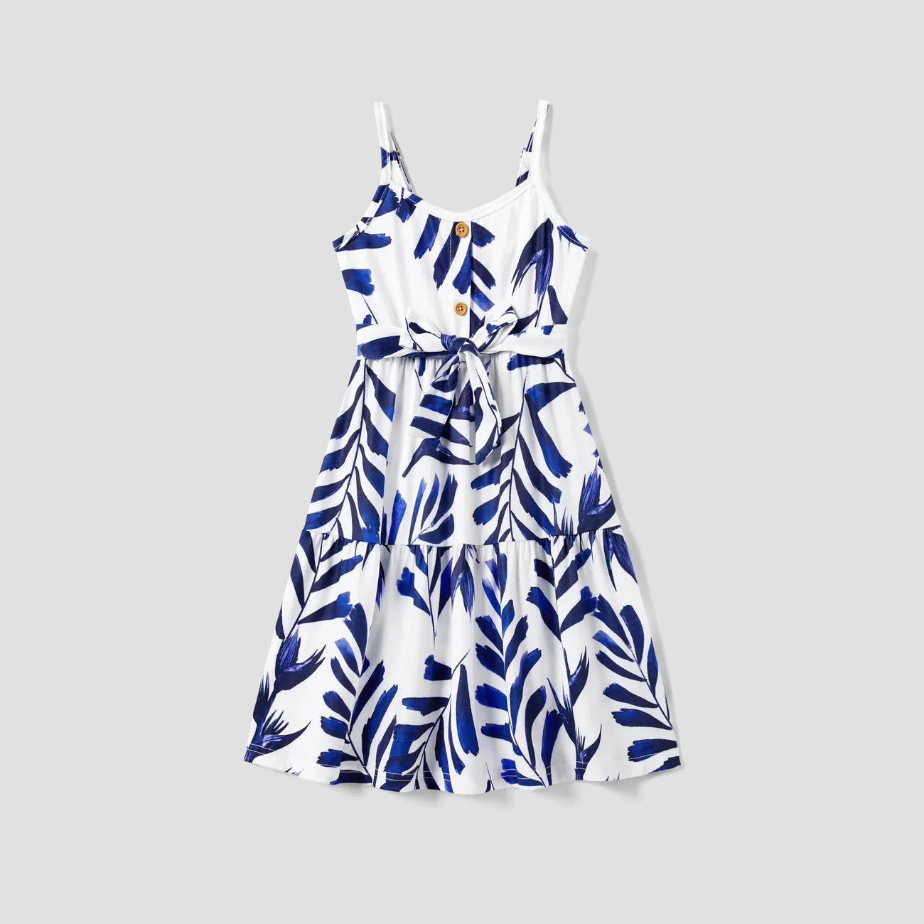 Family Matching Modern Blue and White Botanical Leaf Design Button Strap Dress and Color Block Tee Sets