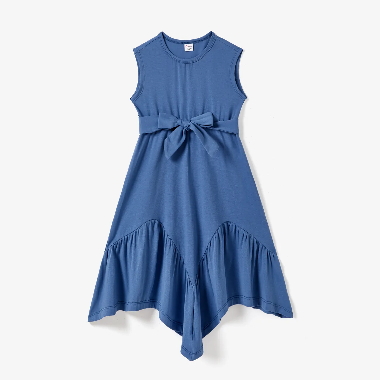 Mommy and Me Blue Irregular Hem Flounced Belted Tank Top Dress