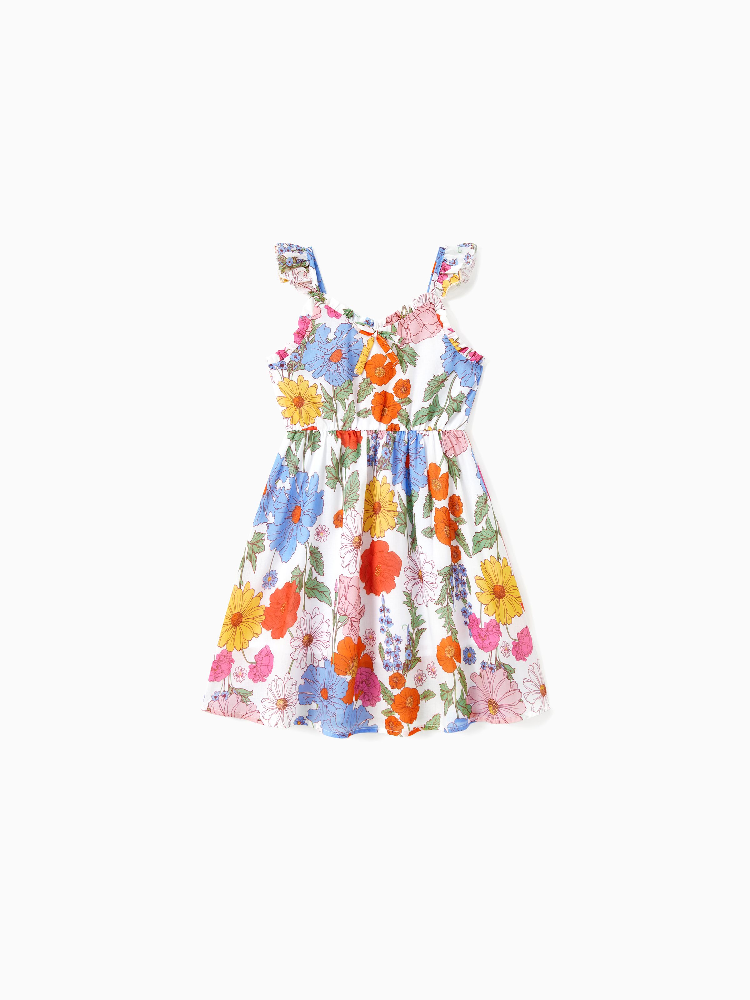 

Family Matching Sets Colorful Striped Tee or Floral Ruched Bust Tie Neck Sleeveless Strap Dress
