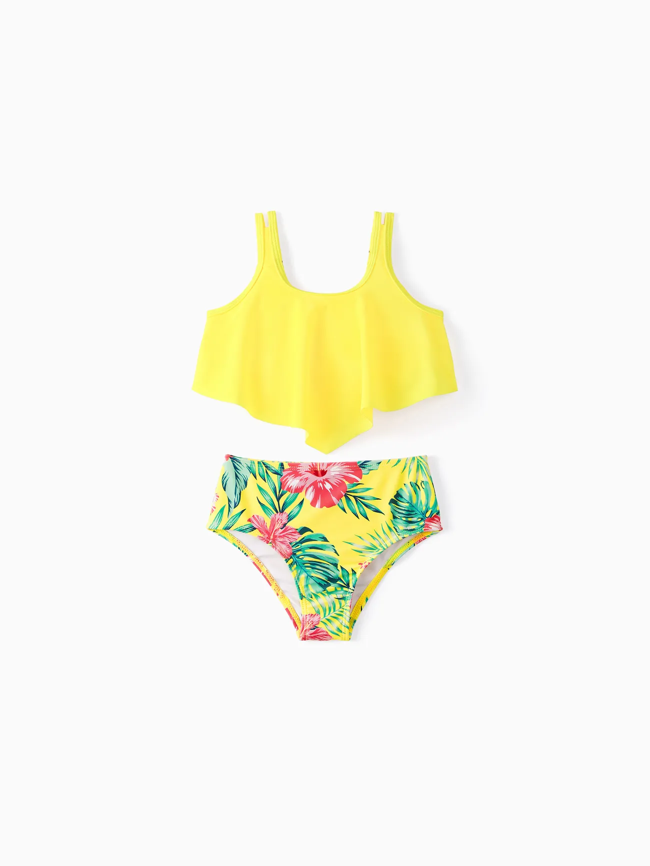 

Family Matching Yellow Tropical Drawstring Swim Trunks or Flowy Two-Piece Swimsuit