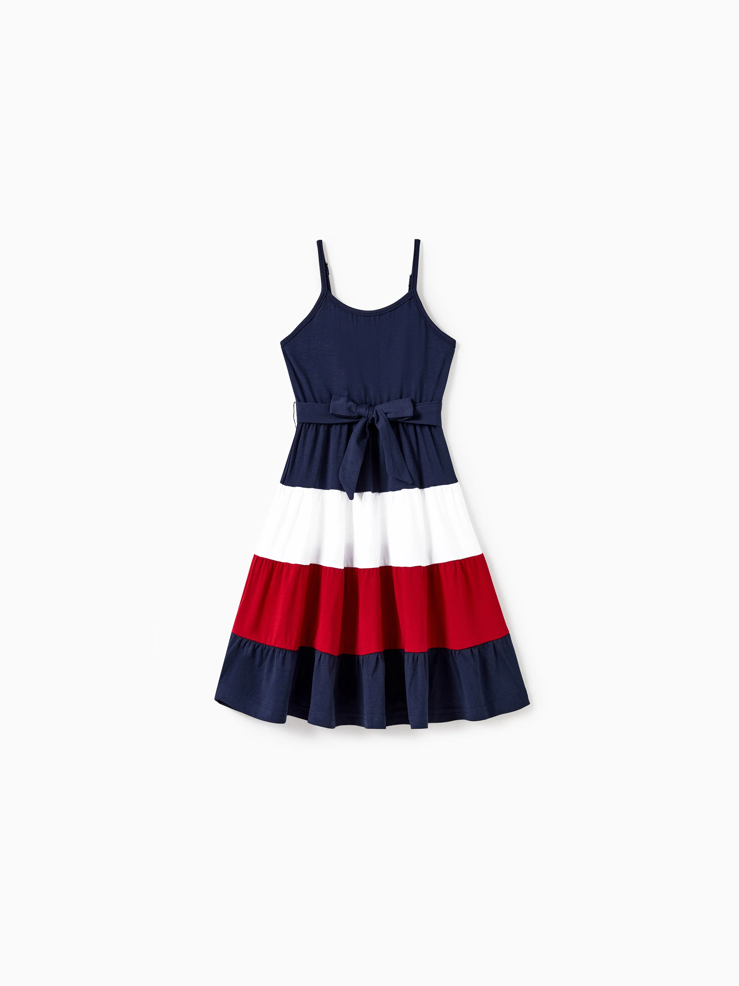 

Family Matching Color Block Tee and Strap Belted A-Line Pleated Ruffle Hem Dress Sets