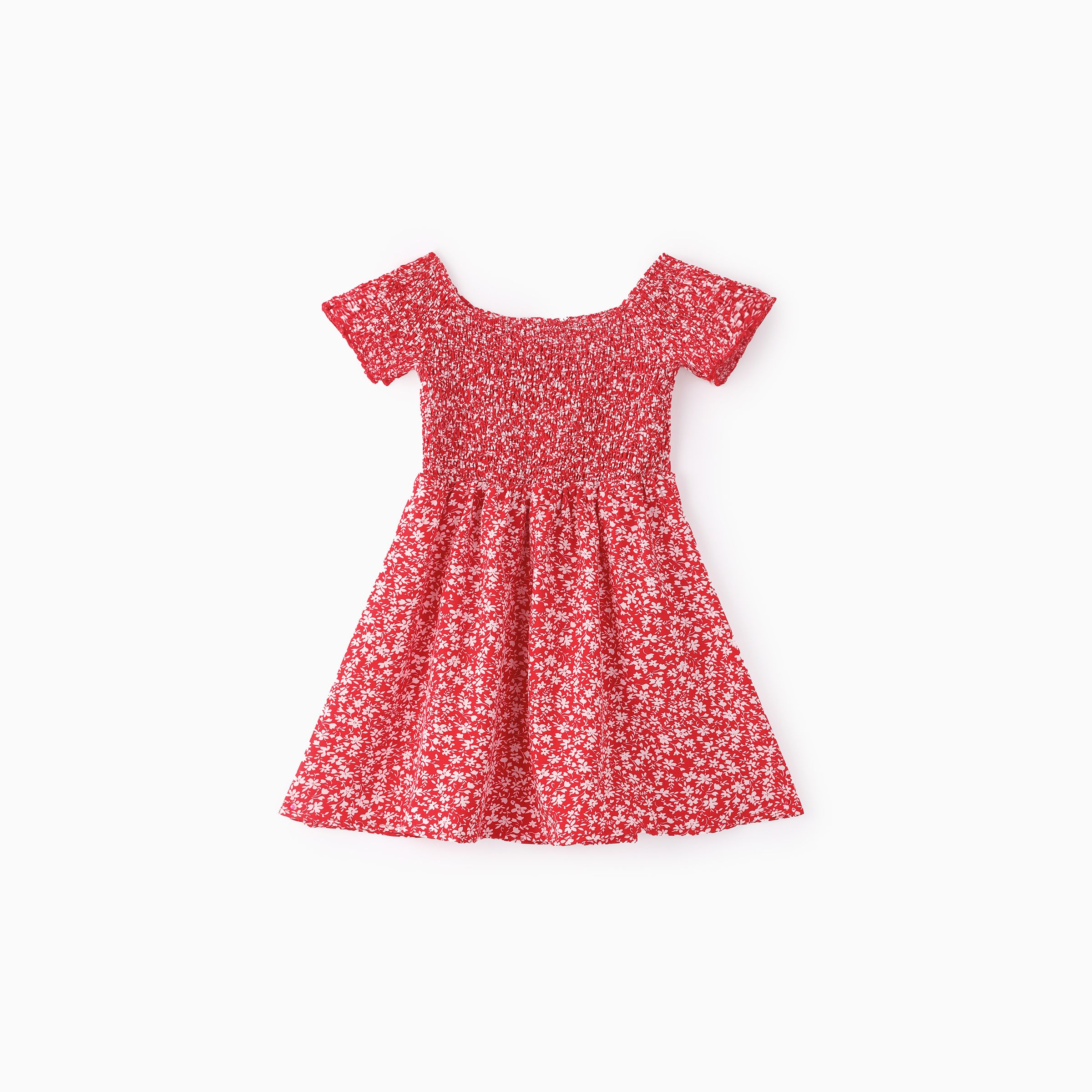 all over red floral print off shoulder short-sleeve shirred dress for mom and me