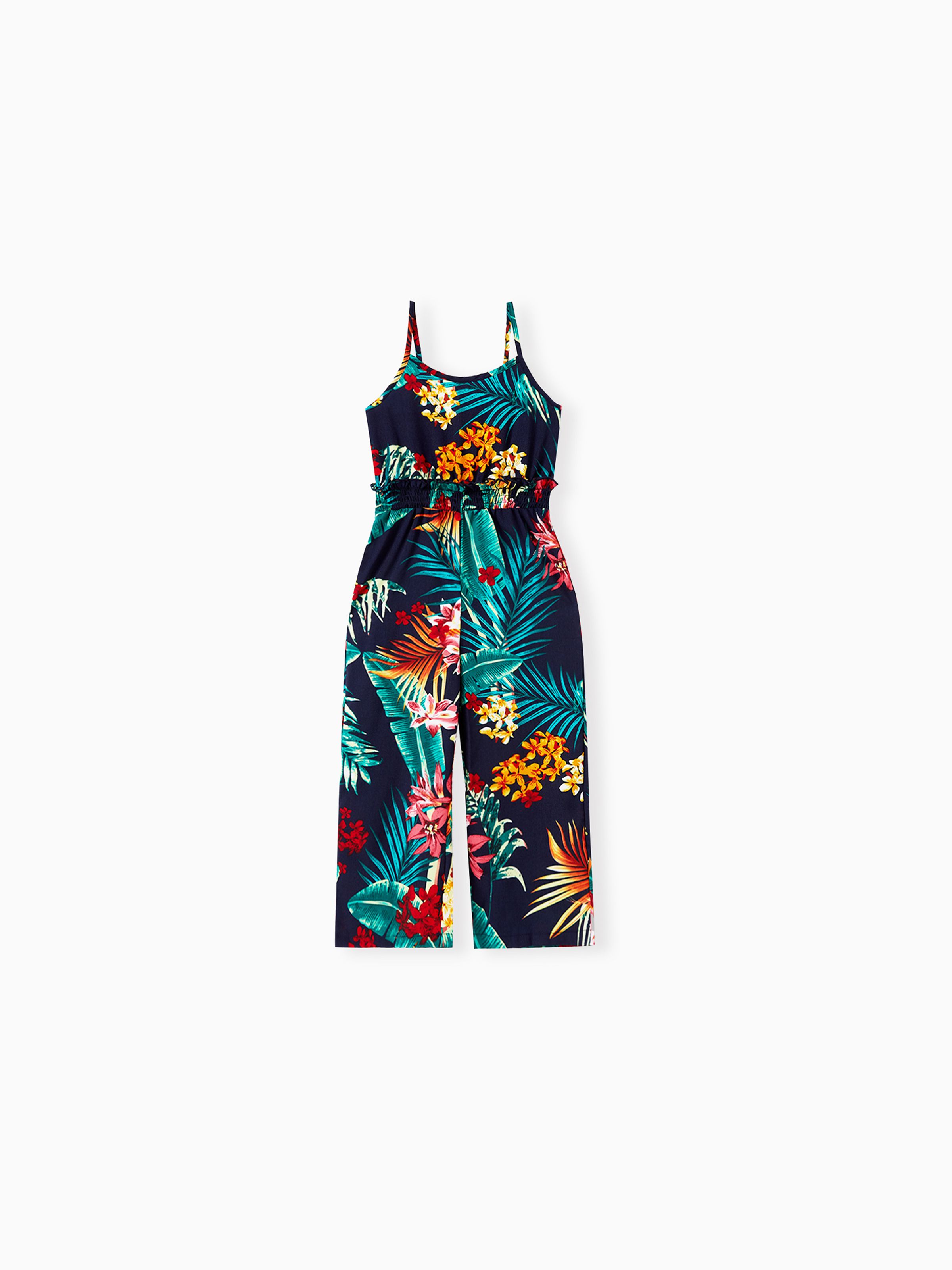 

Mommy and Me Matching Tropical Floral Pattern Shirred Waist Long Pants Jumpsuits with Pockets