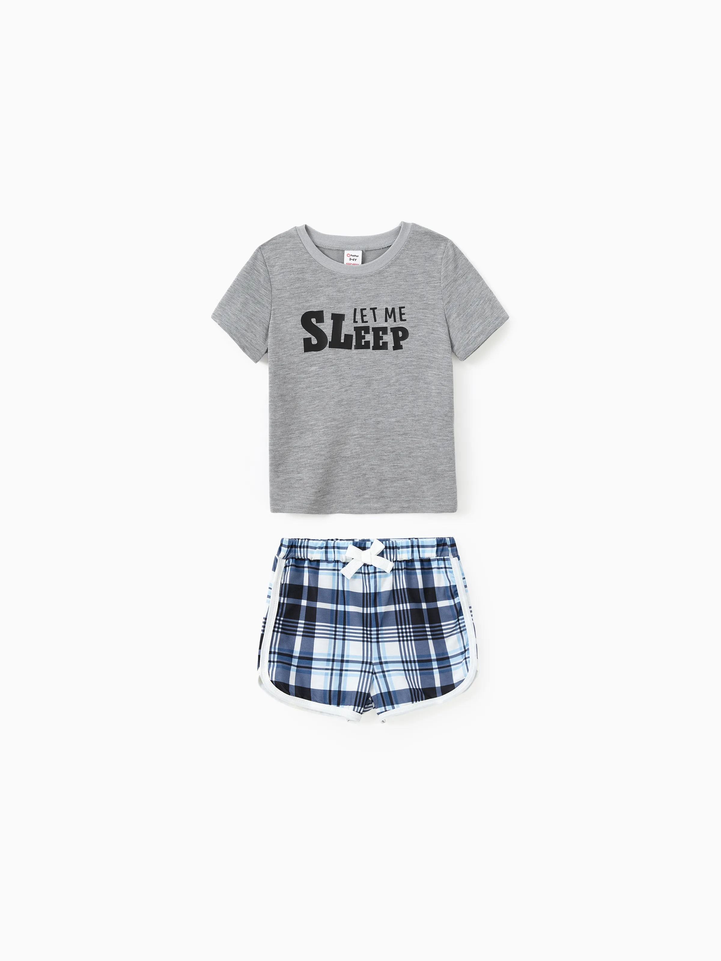 

Family Matching Pajamas Sets Let Me Sleep Slogan Print Top Blue Plaid Drawstring Shorts