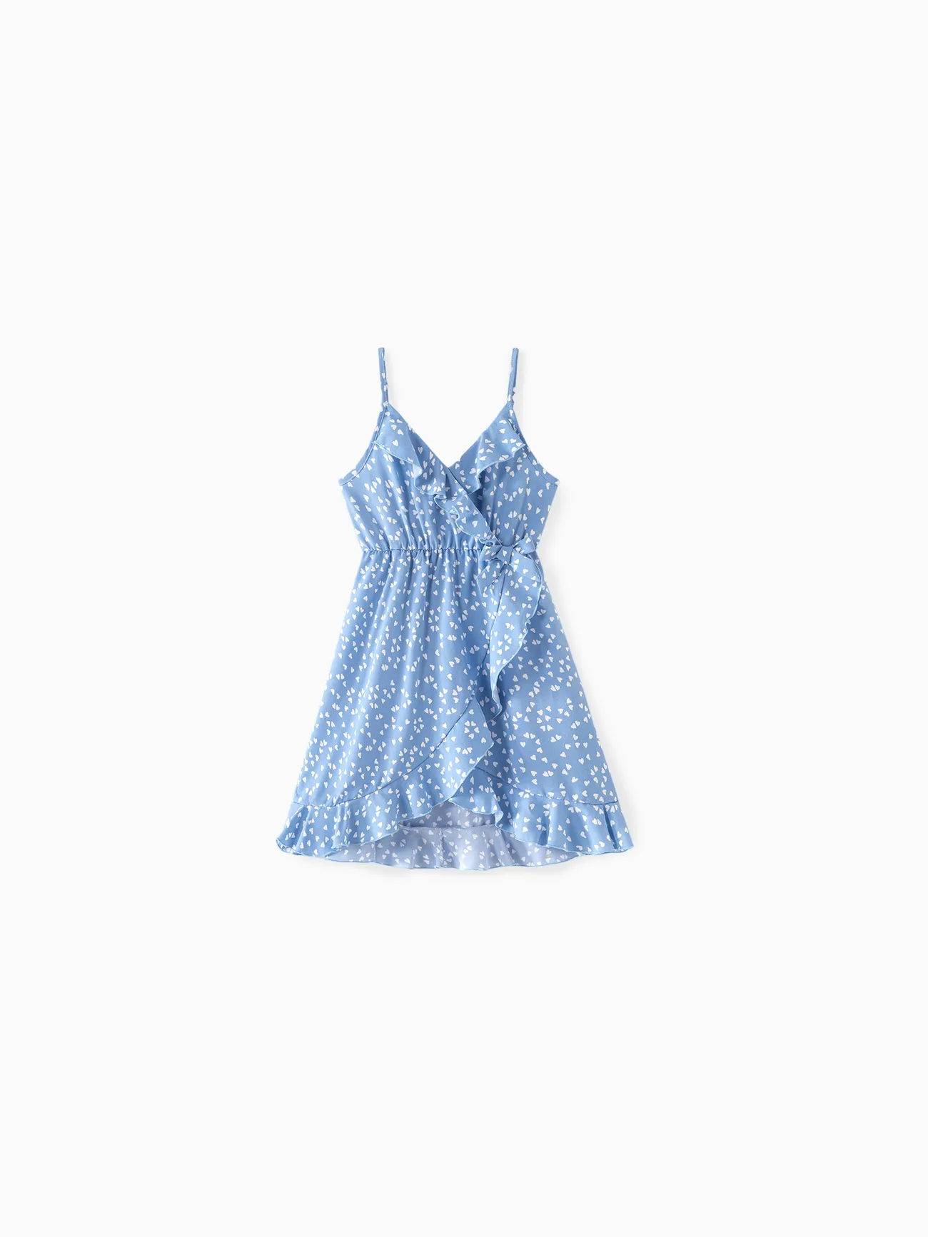 

All Over Dots Print Blue Sleeveless Spaghetti Strap V Neck Ruffle Wrap Dress for Mom and Me