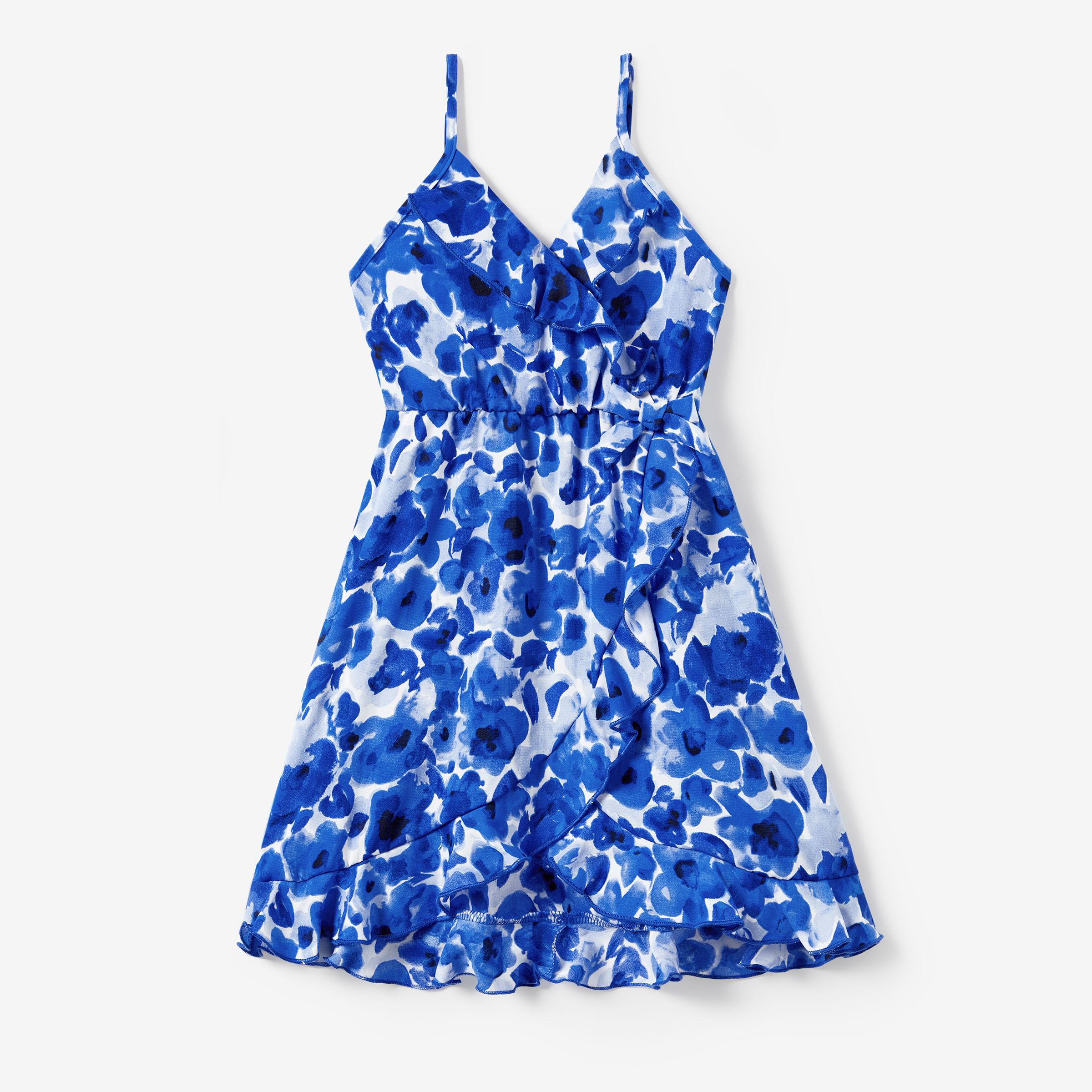mommy and me blue floral wrap front flounce trim strap dress