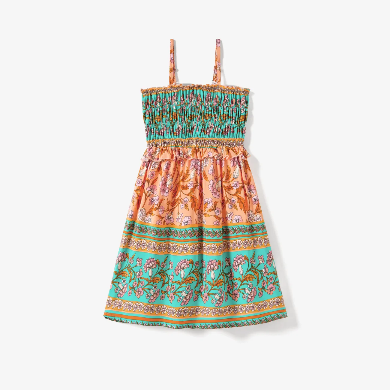 Mommy and Me Boho Style Color Blocking Shirred Top Strap Dress