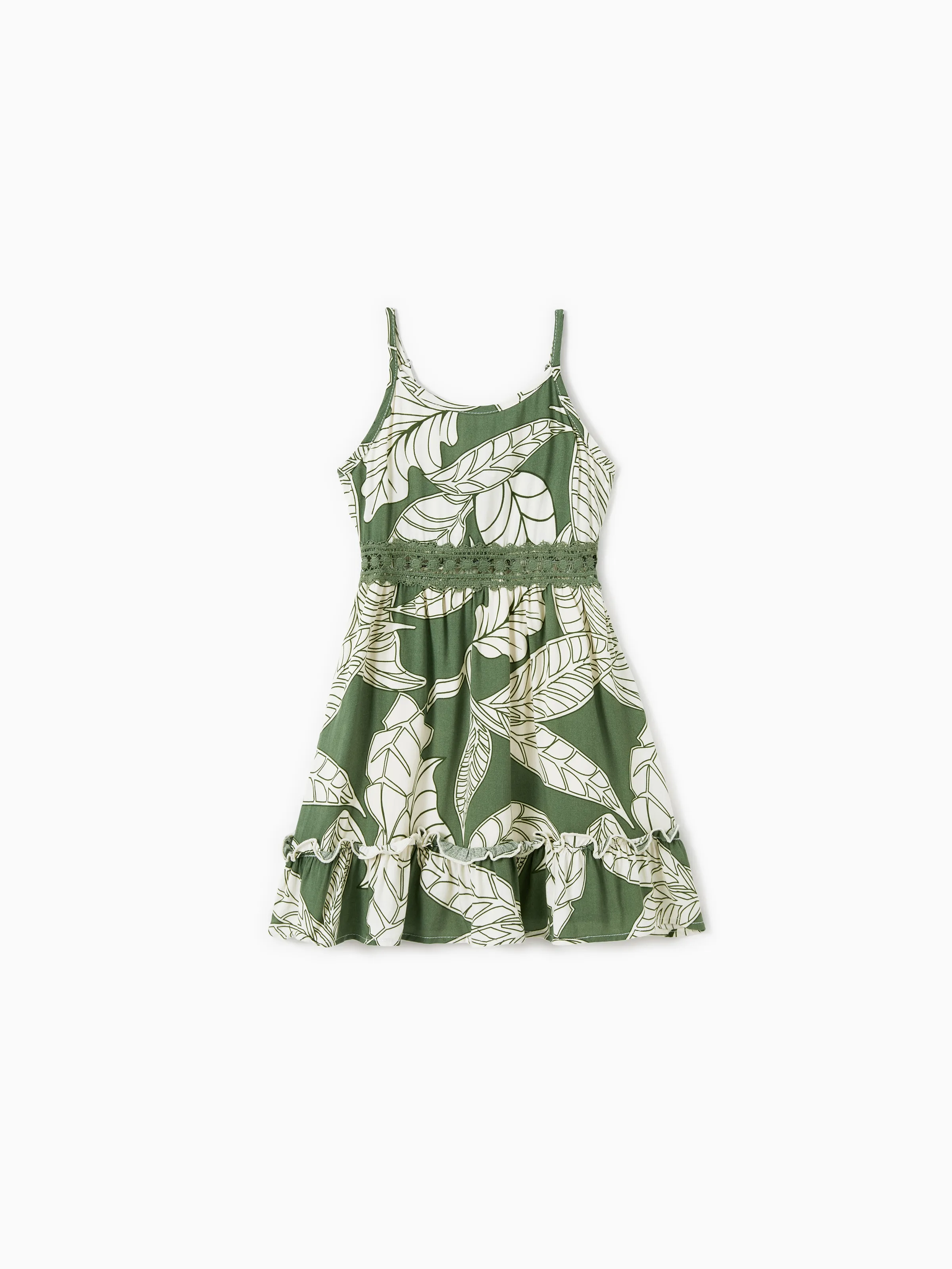 

Mommy and Me Green Plant Floral Lace Hollow Out Waist Ruffle Hem Strap Dress