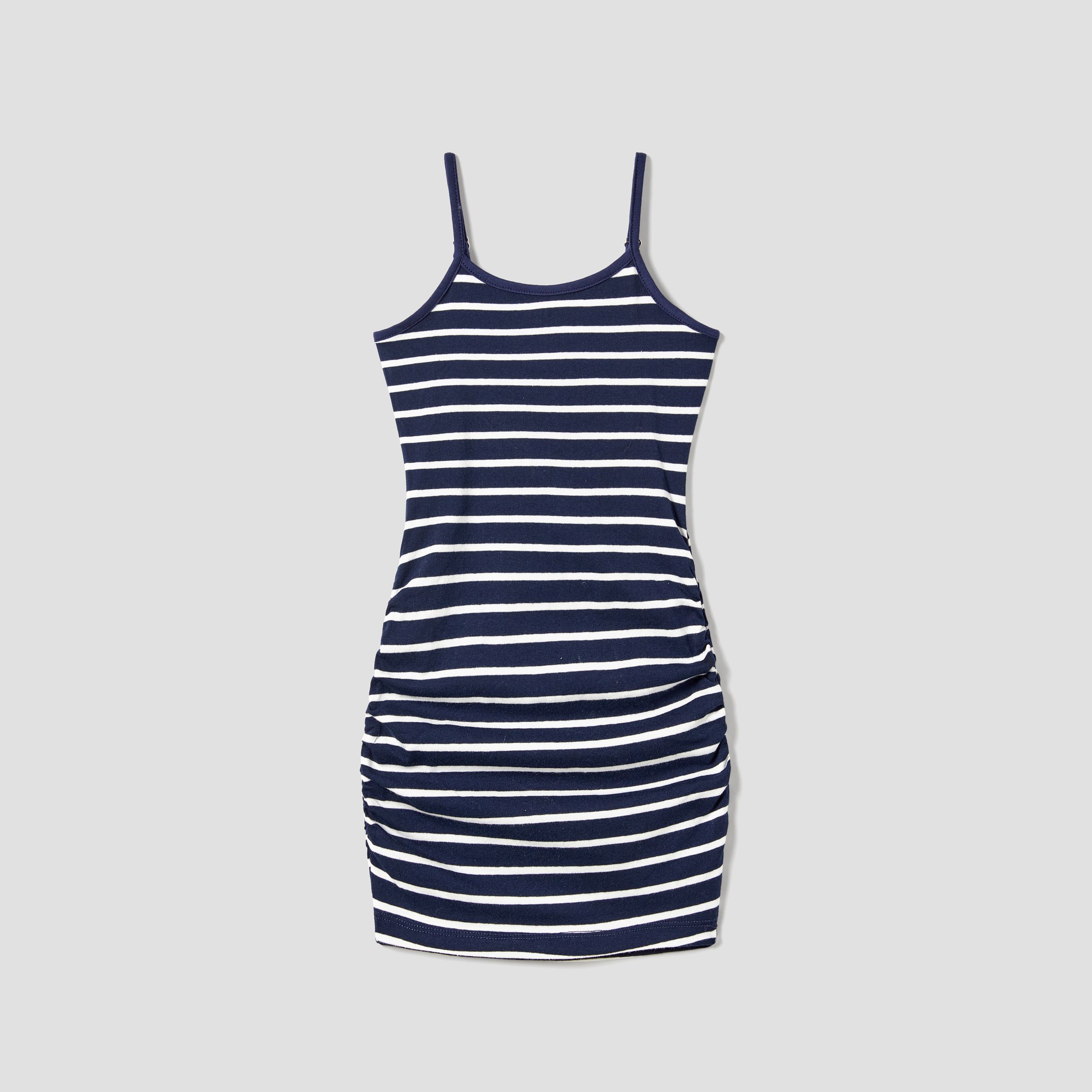 Family Matching Color Block Tee And Stripe Bodycon Strap Dress Sets