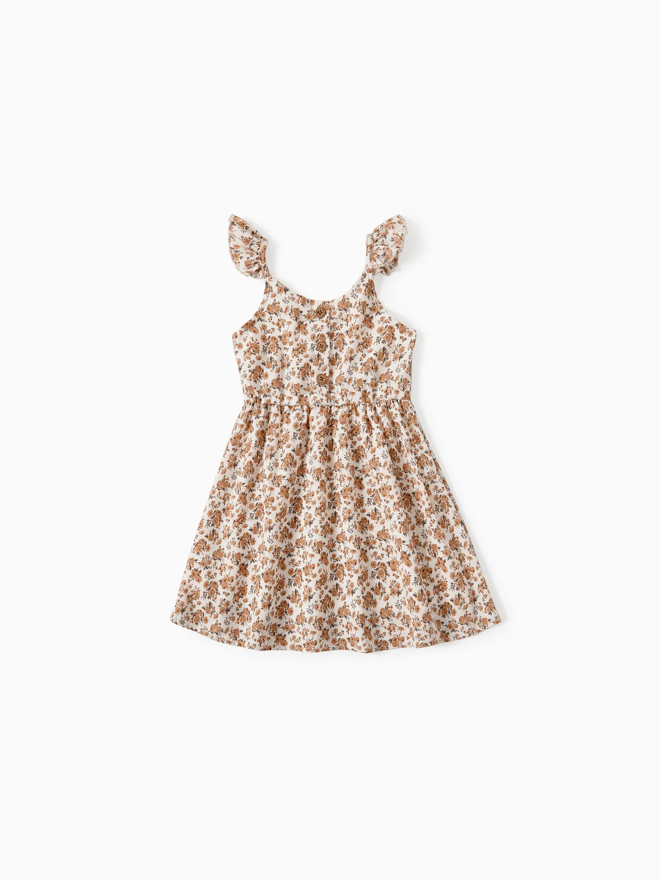 Mommy and Me Beige Ditsy Vestido de Tirantes Delanteros con Botones Superiores Estampados Florales