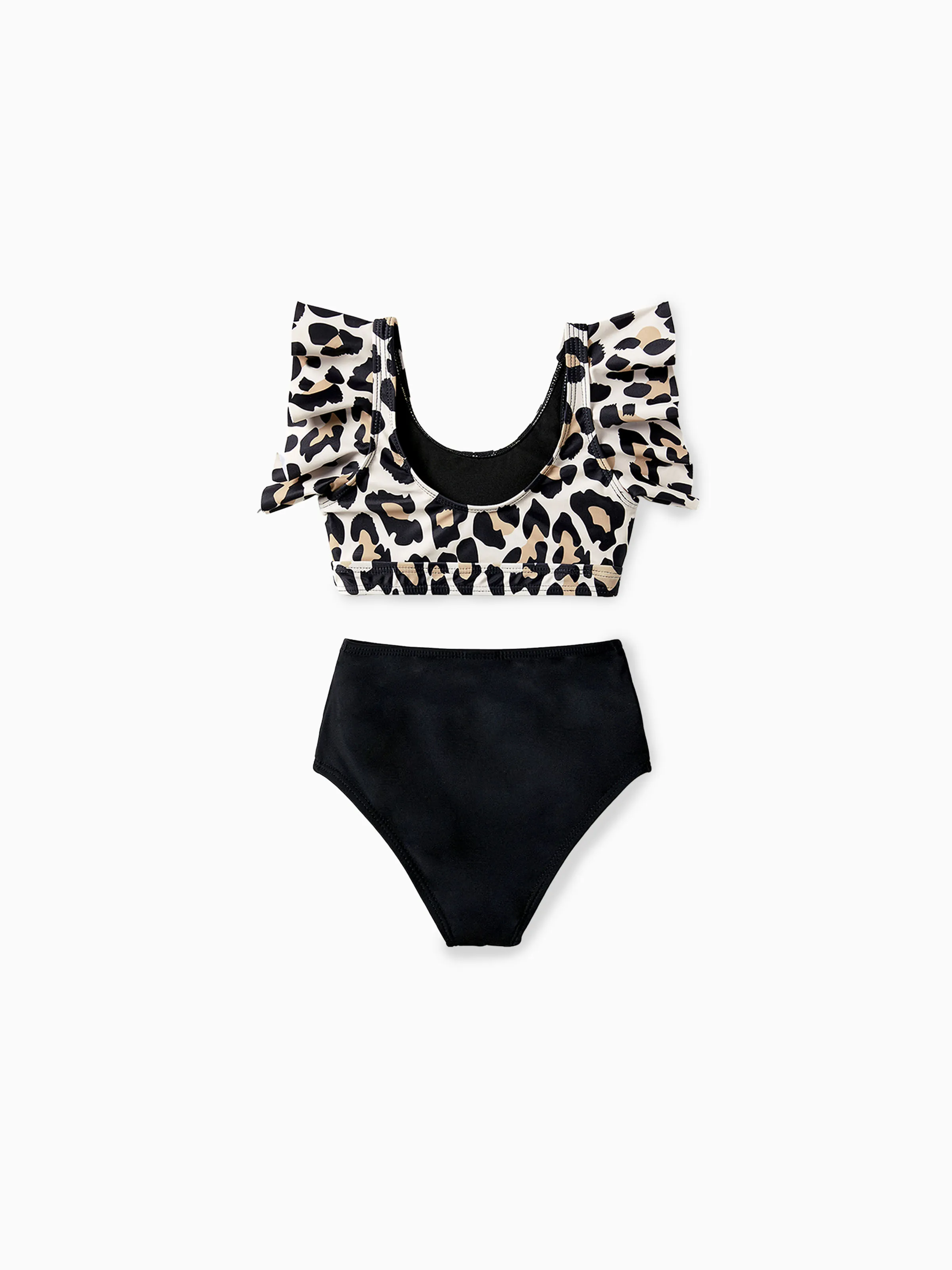 

Family Matching Leopard Pattern Drawstring Swim Trunks or Ruffle Neck Two-Piece Bikini with Optional Cover Up Sarong Skirt