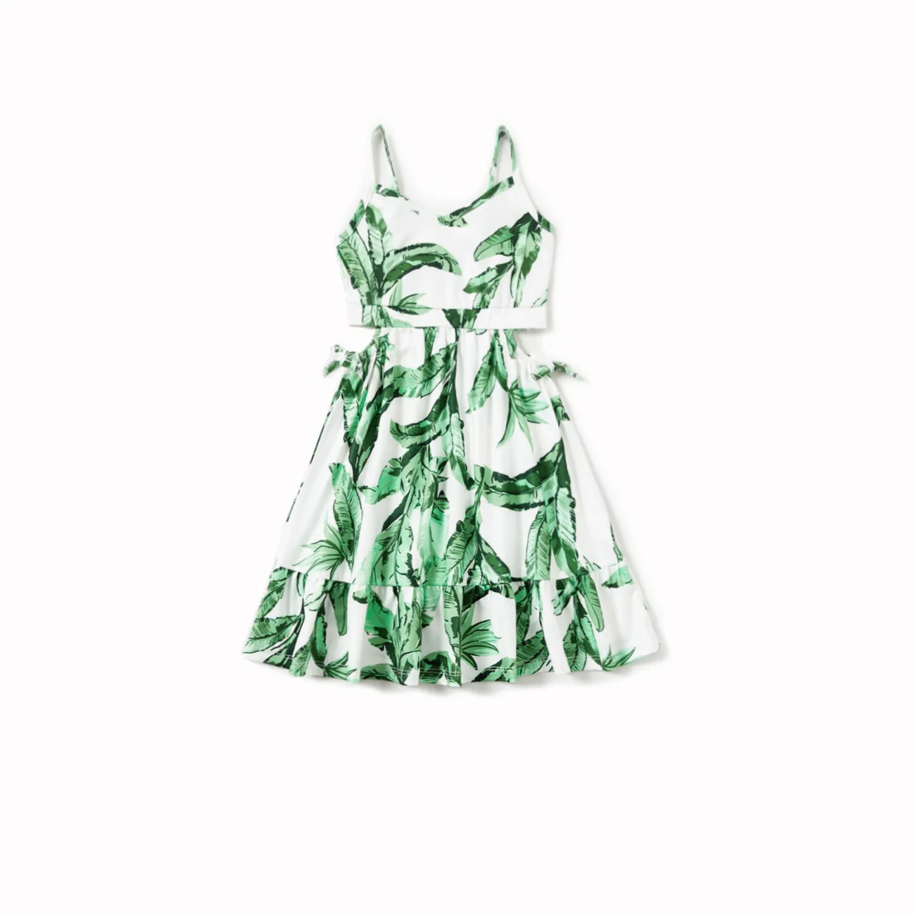 Family Matching Color Block Tee and Green Leaf Pattern Cut Out Drawstring Waist Strap Dress Sets
