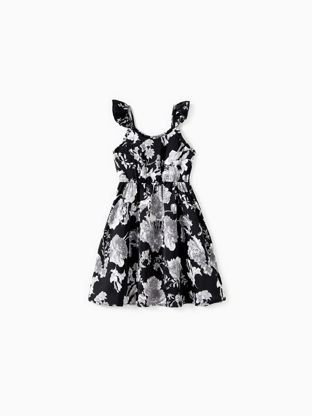 

Mommy and Me Black Floral Tie Neck Ruched Bust Sateen Slip Dress