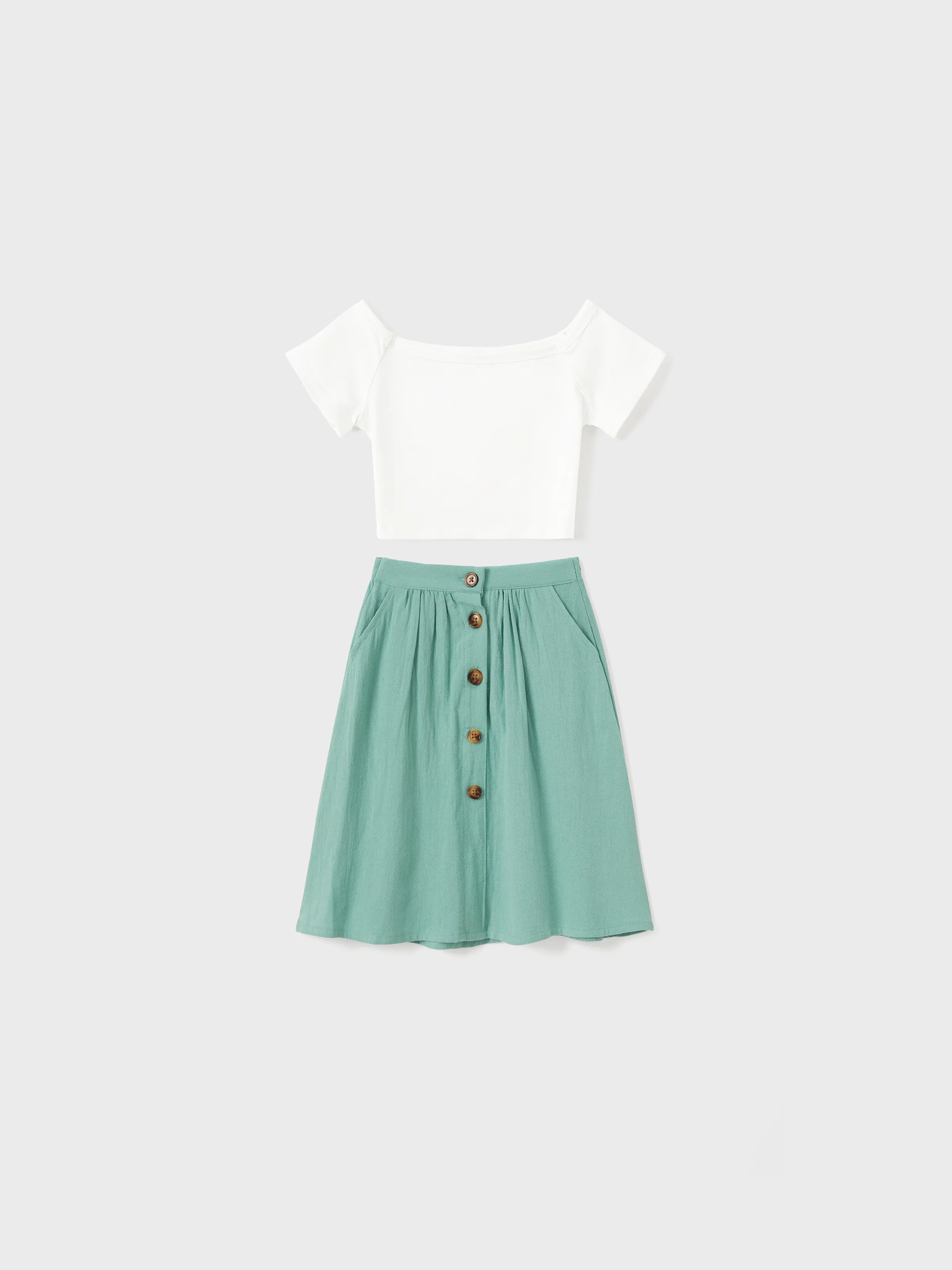 

Family Matching Sets Slogan Tee or White Top Mint Green Button Skirt with Pockets Co-ord Sets