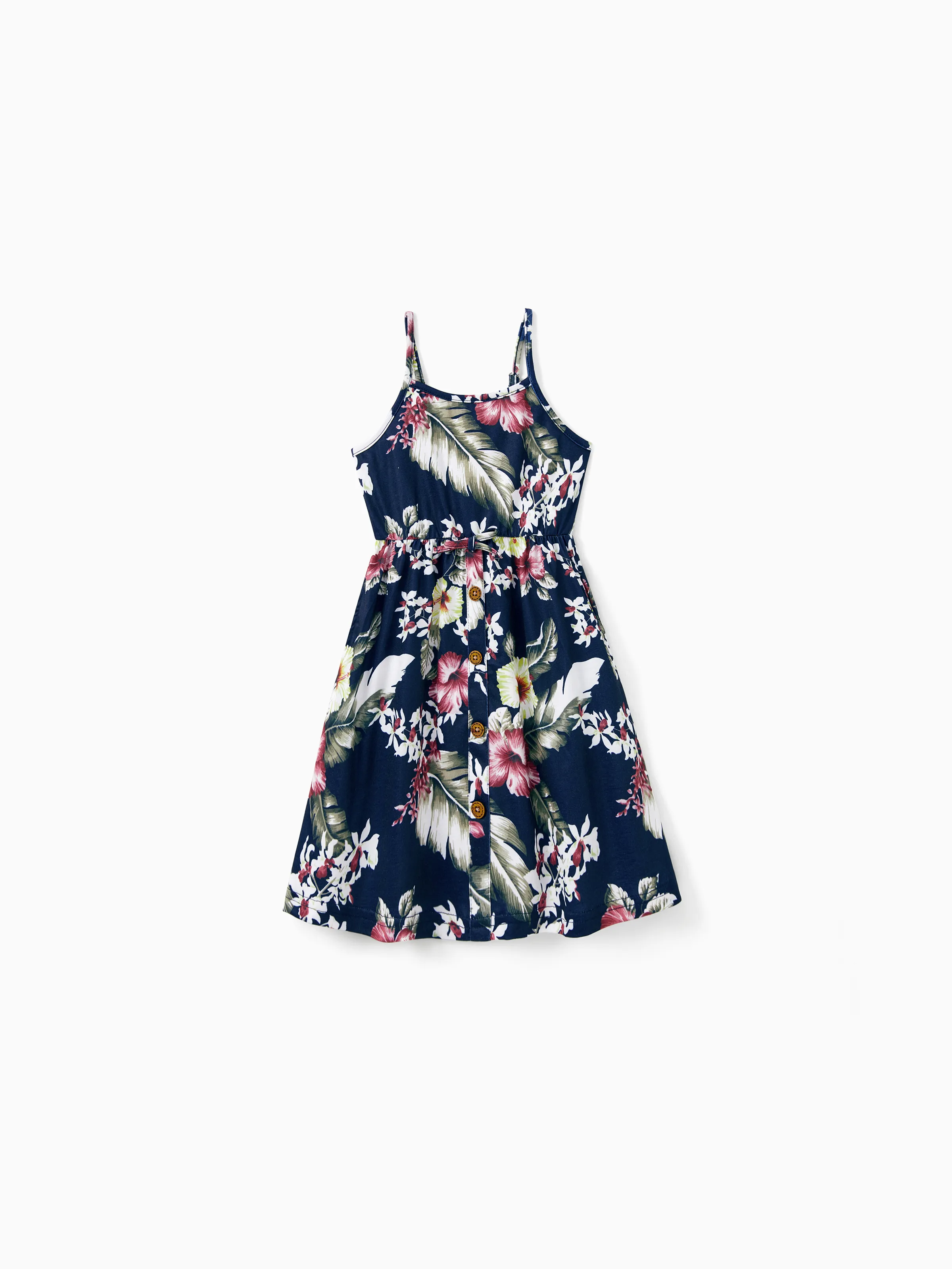 

Family Matching Sets Floral Panel Tee or Button Up Belted Strap Dress with Pockets