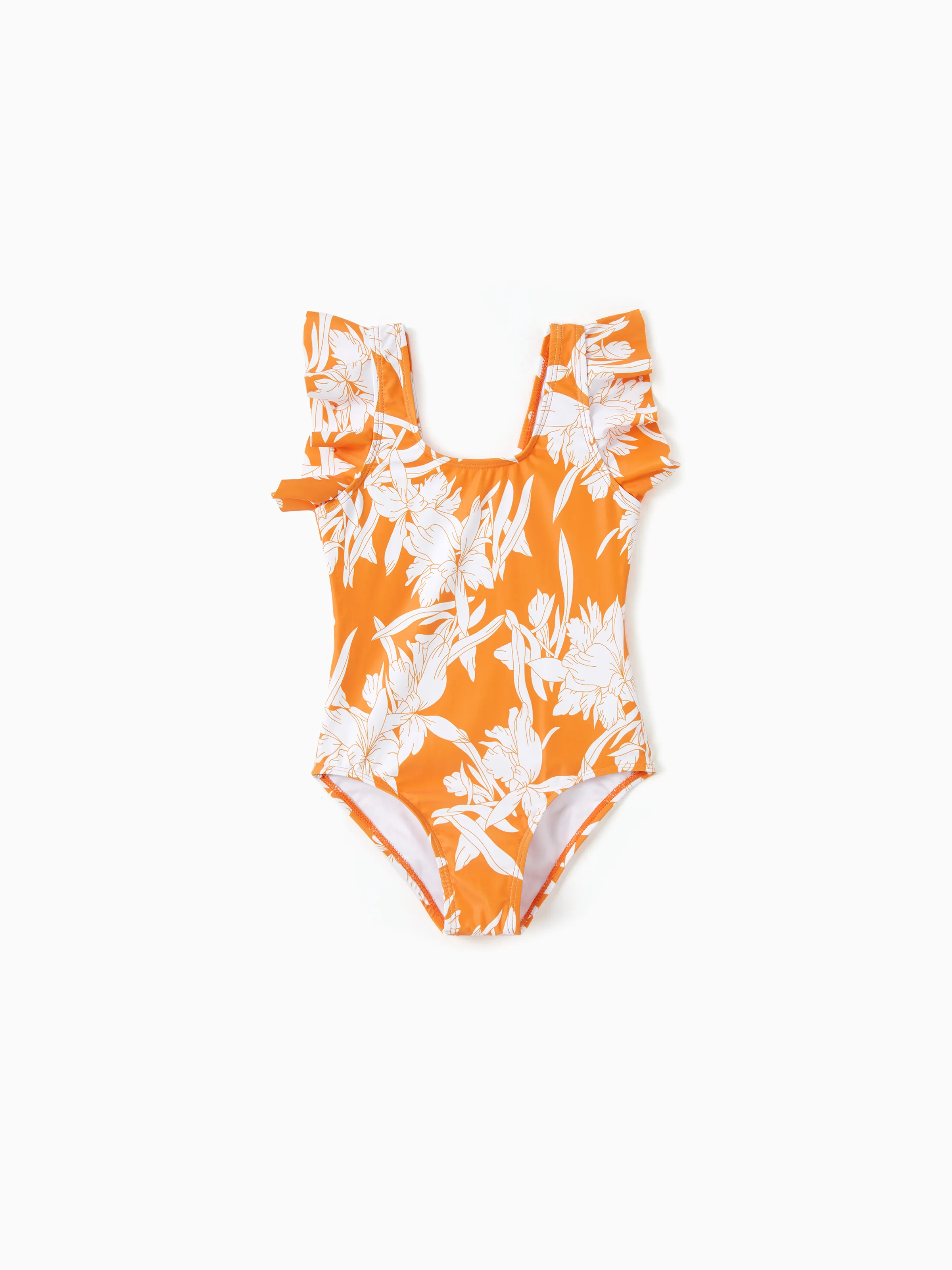 

Family Matching Orange Floral Drawstring Swim Trunks or Cross Front Drawstring Sides One-Piece Swimsuit